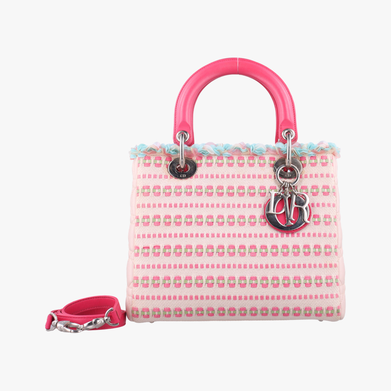 Medium Tweed Sequin Lady DiorPink×BlueCanvas x Leather02-MA-1123ミディアムツイード スパンコール レディ ディオールピンク×ブルーキャンバス×レザー02-MA-1123