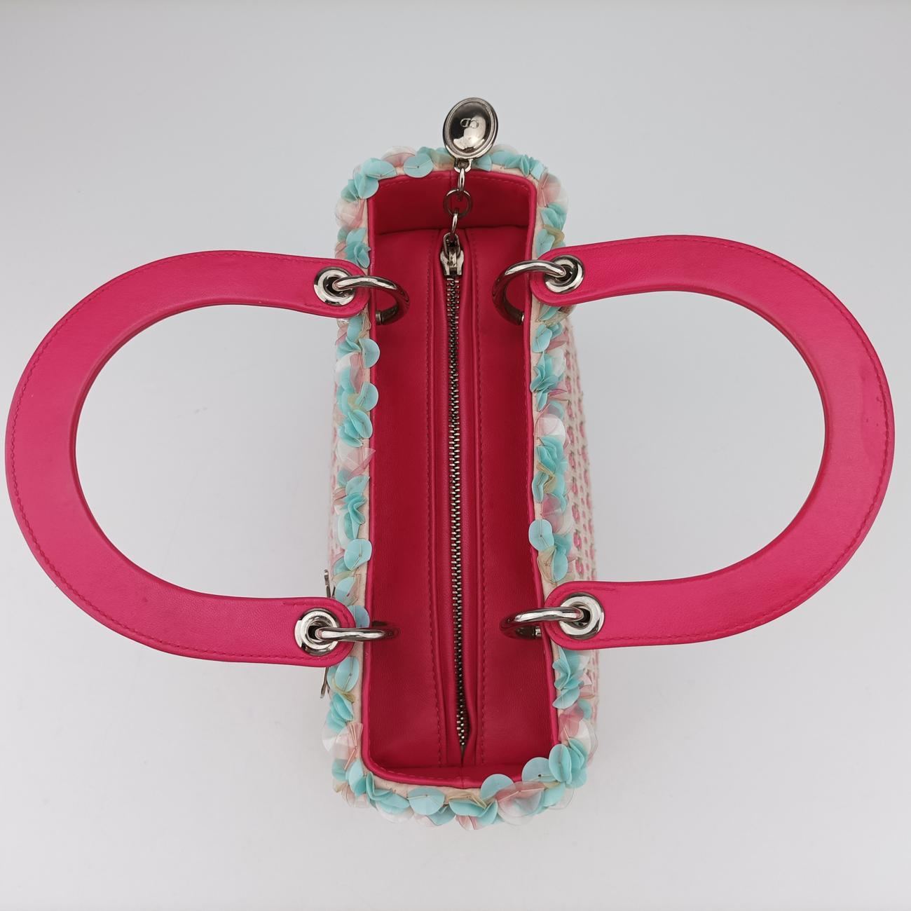 Medium Tweed Sequin Lady DiorPink×BlueCanvas x Leather02-MA-1123ミディアムツイード スパンコール レディ ディオールピンク×ブルーキャンバス×レザー02-MA-1123