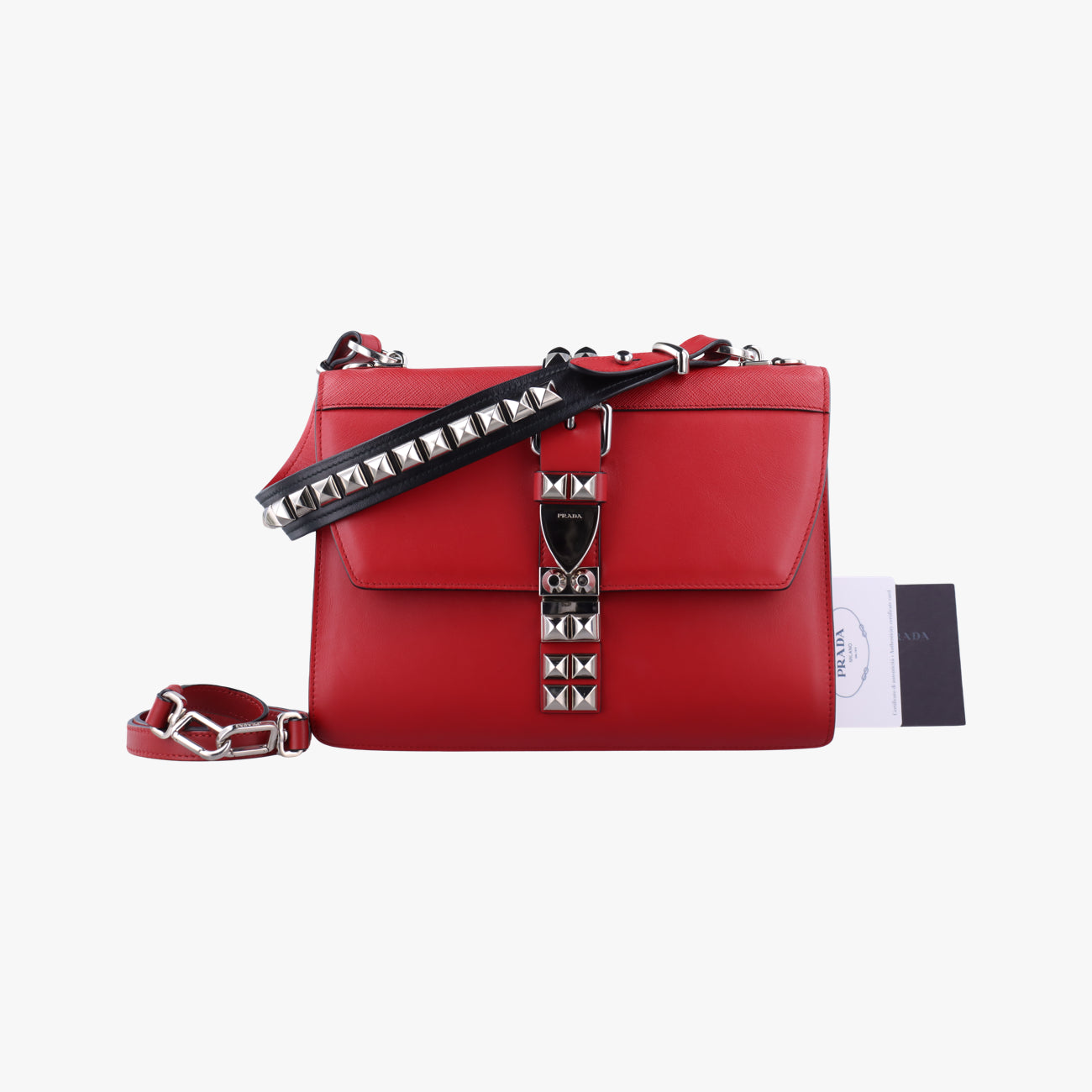 Electra Studded Red Leather x Saffiano leather 1BD120 25エレクトラ スタッズ レッド レザー×サフィアーノレザー 1BD120 25