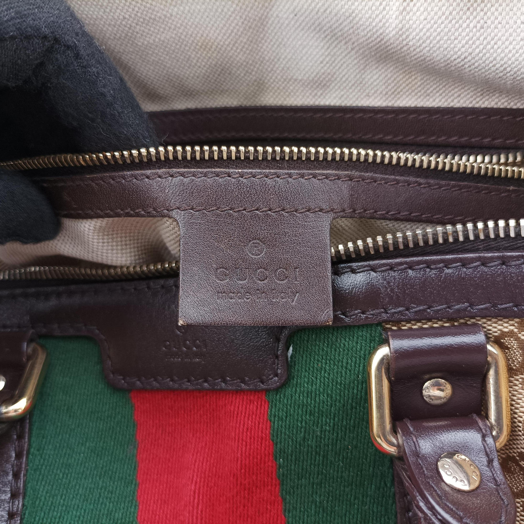 Sherry Line Beige×green×red×Brown canvas×leather 247205 E014989970シェリーライン ベージュ×グリーン×レッド×ブラウン キャンバス×レザー 247205 E014989970