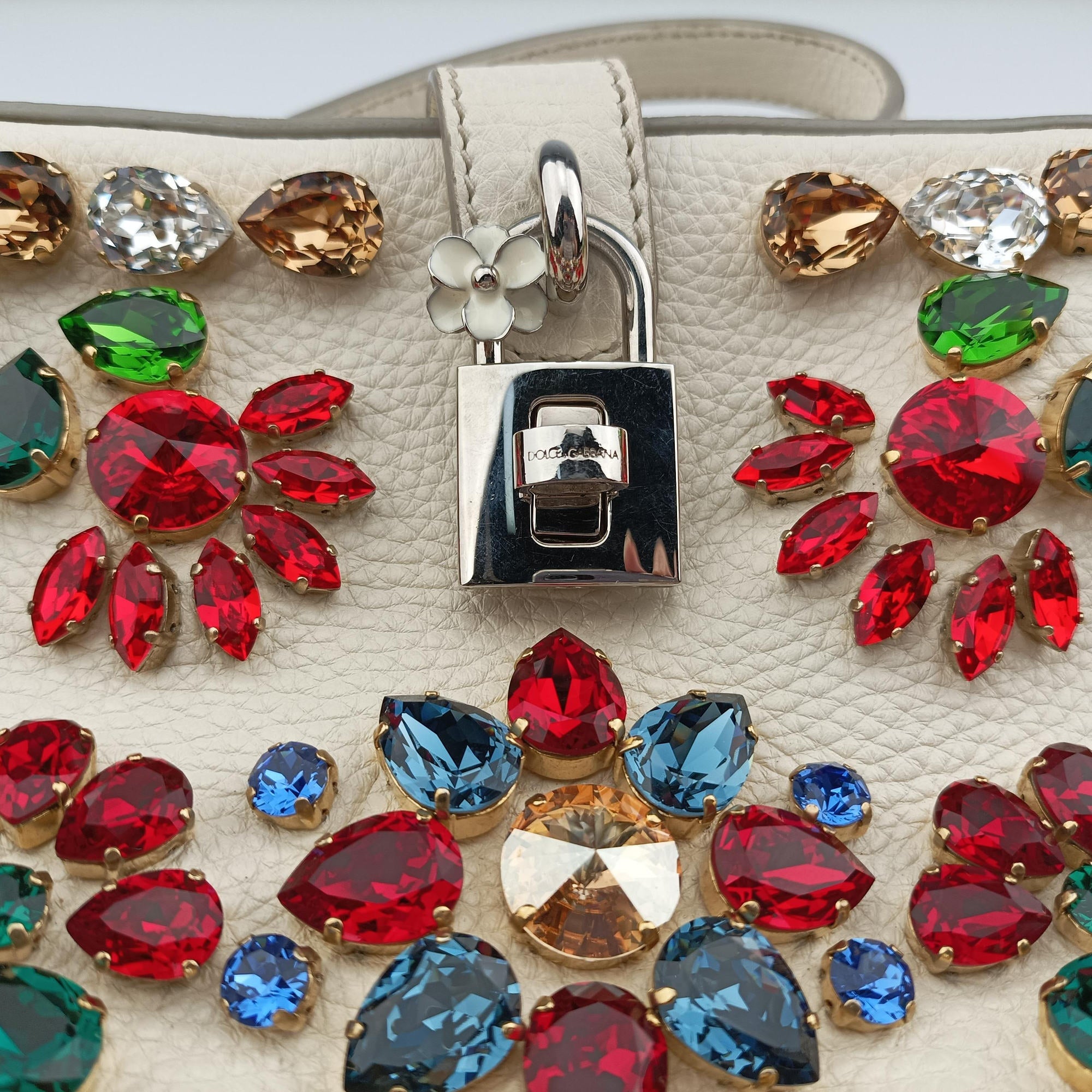 Flower Motif Rhinestone Lock WhitexMulticolour Leather 44フラワーモチーフ ラインストーン ロック ホワイトxマルチカラー レザー 44