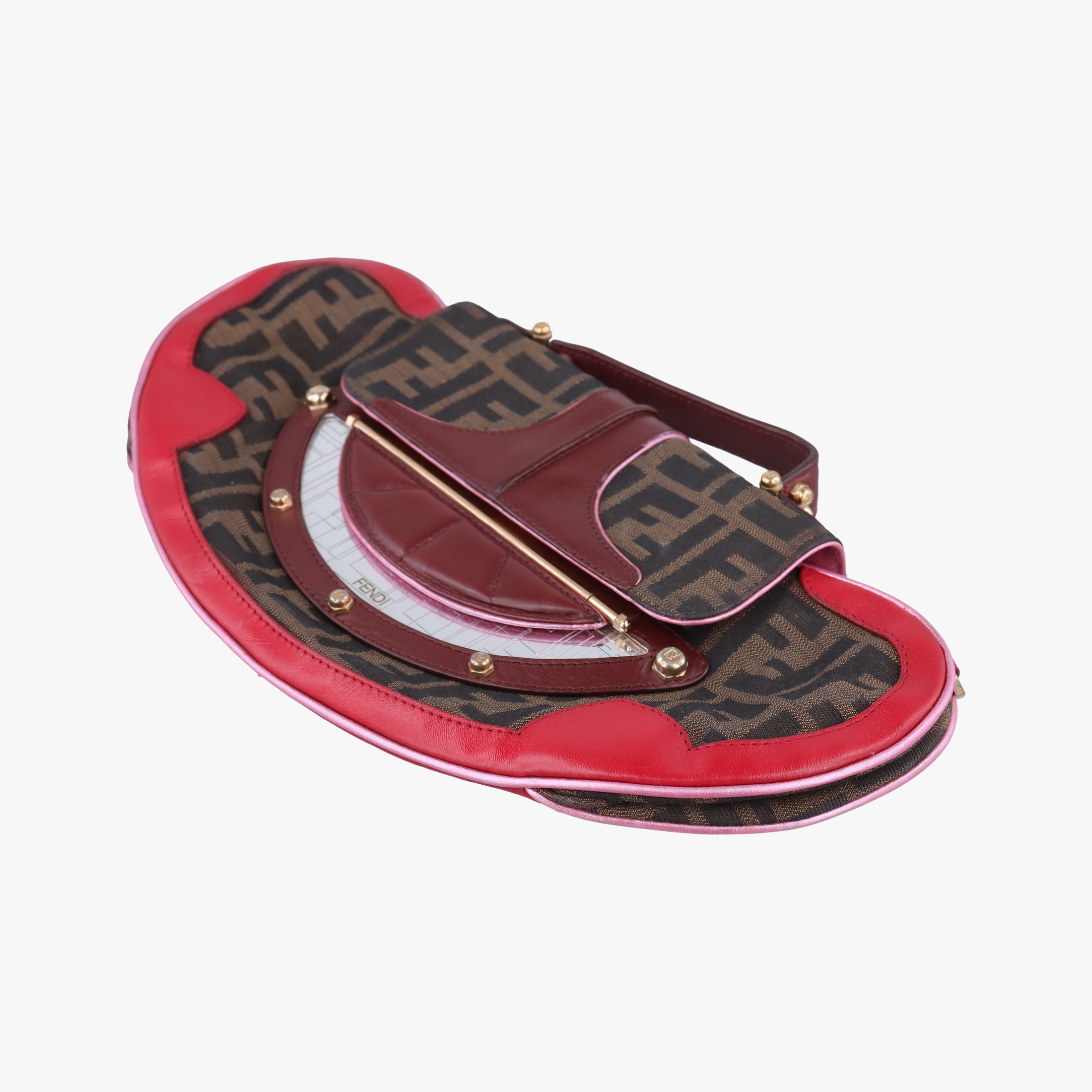 Zucca Vanity Mirror Brown × Red Jacquard × Leather 8BN133 2305/8BN133/MN5/049ズッカ バニティミラー ブラウン × レッド ジャガード × レザー 8BN133 2305/8BN133/MN5/049