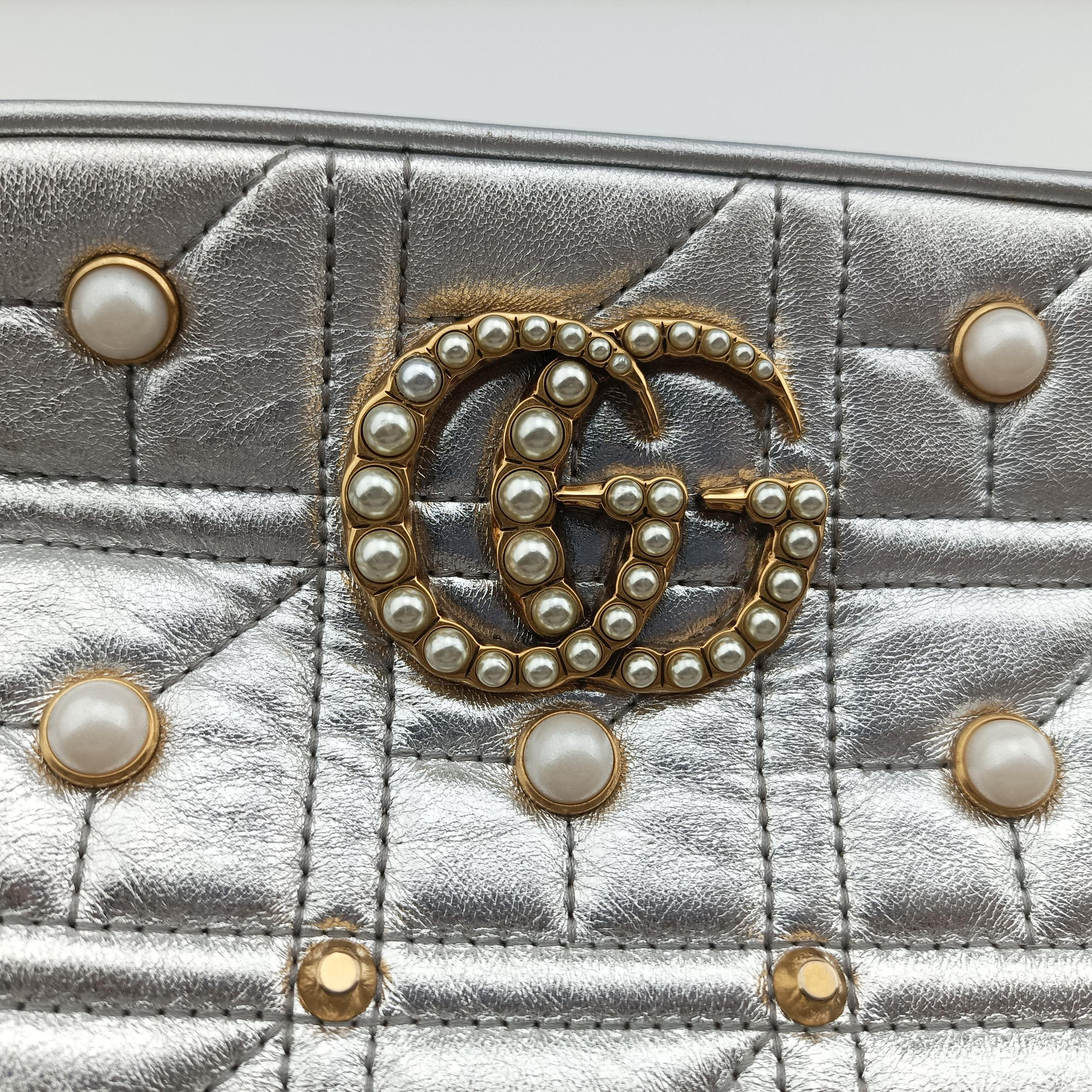 GG Marmont Silver Leather 447632 B021162434GGマーモント シルバー レザー 447632 B021162434