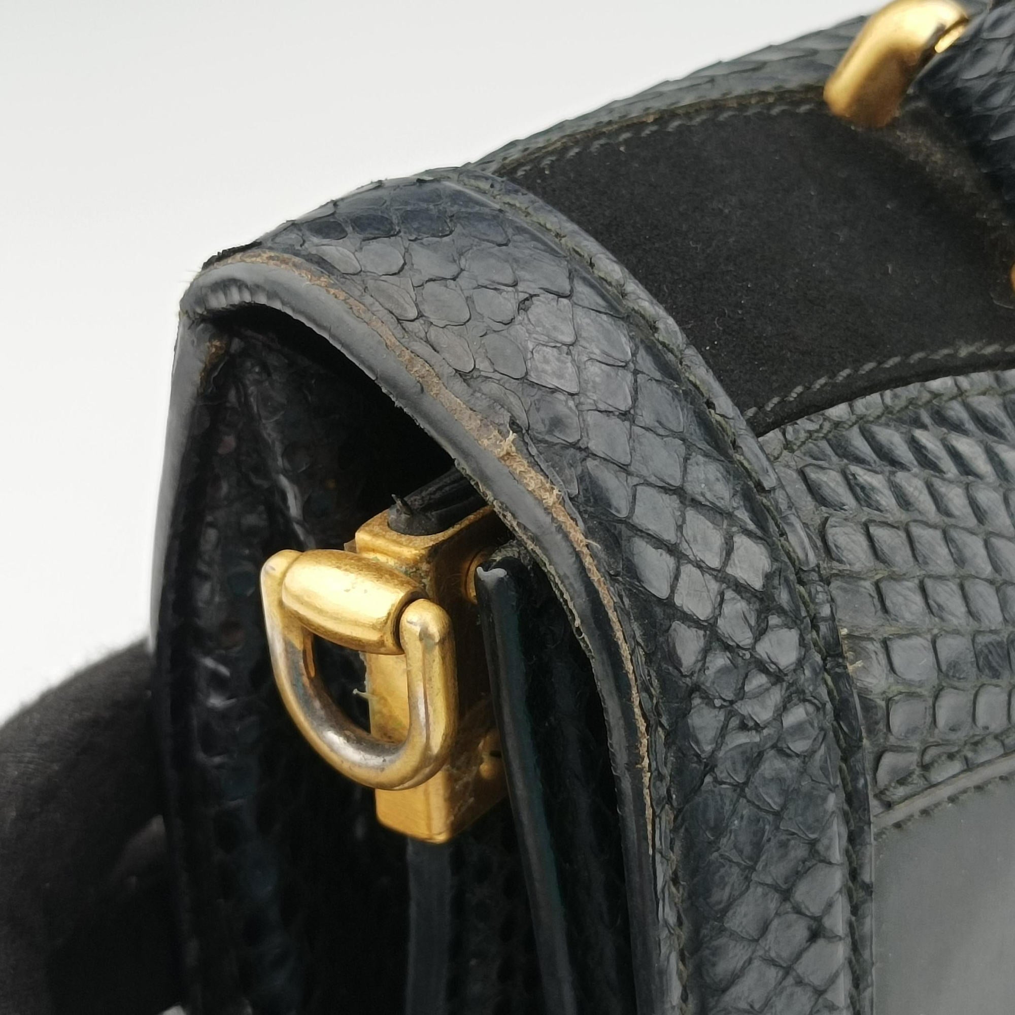 Rosalia Top Handle Black Leather×Suede×Python 50ロザリア トップハンドル ブラック レザー × スエード × パイソン 50