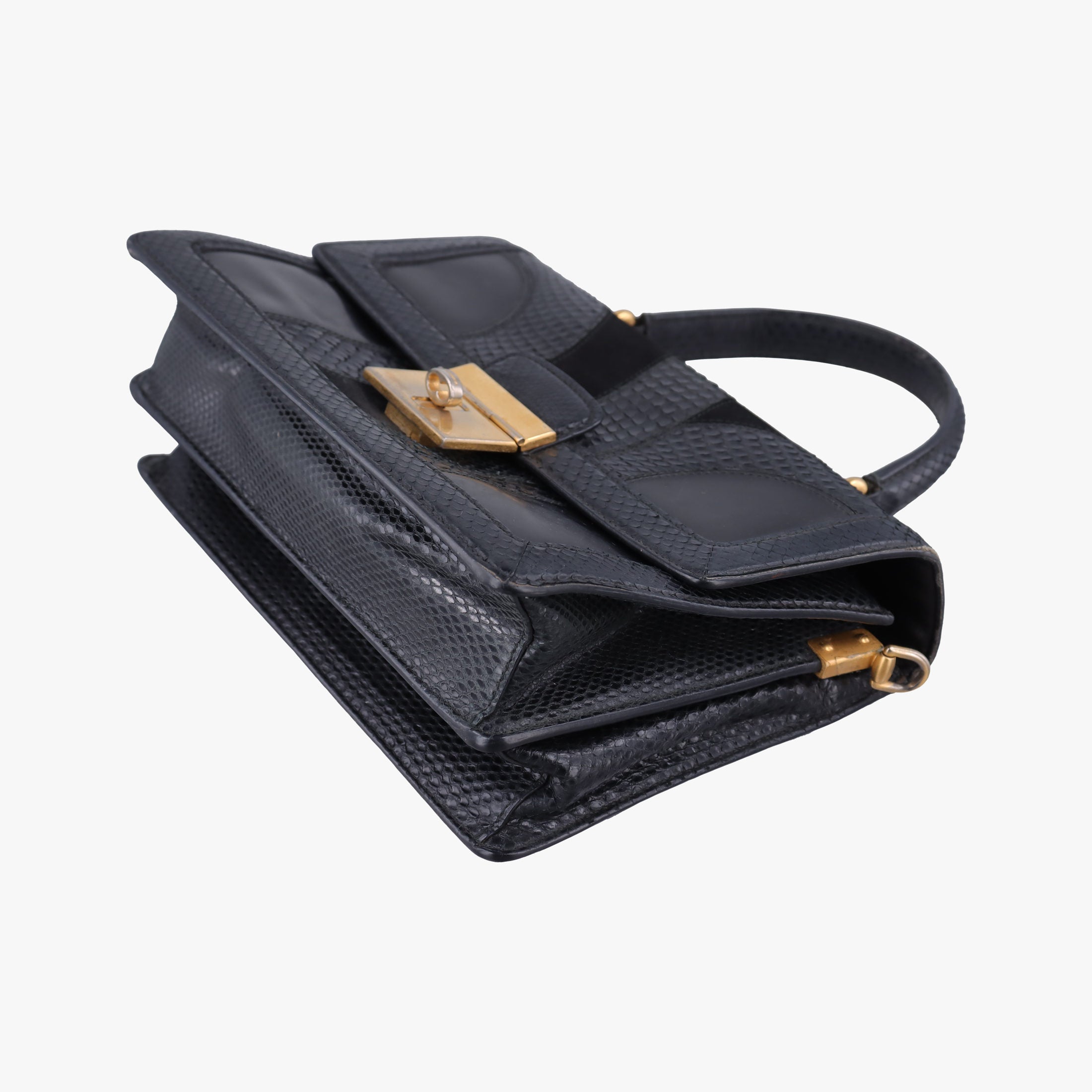 Rosalia Top Handle Black Leather×Suede×Python 50ロザリア トップハンドル ブラック レザー × スエード × パイソン 50