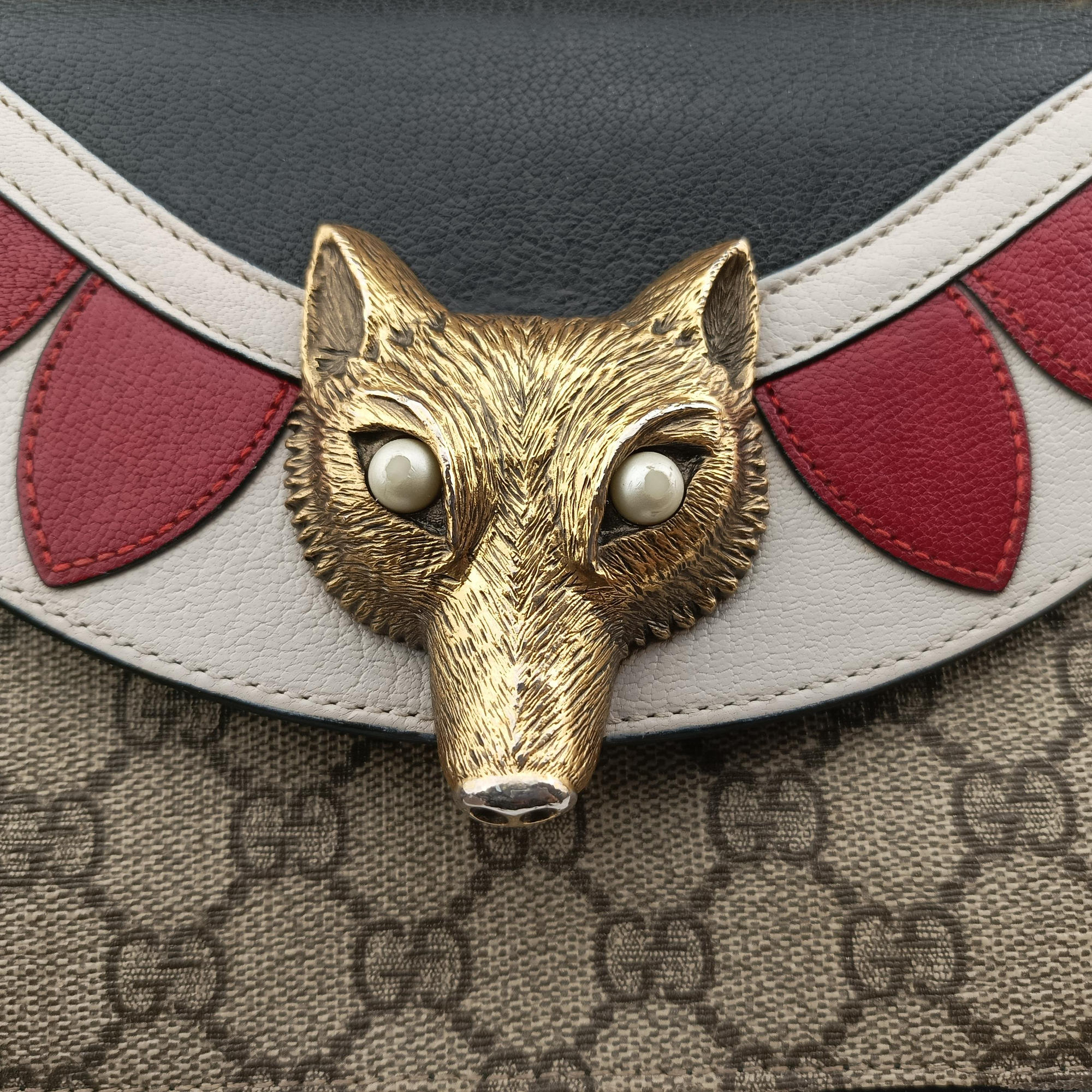 Mini Fox Brooch Bamboo Beige×Multicolour PVC coated canvas×Leather 466428 A021732914ミニ フォックス ブローチ バンブー ベージュ×マルチカラー PVCコーティングキャンバス×レザー 466428 A021732914