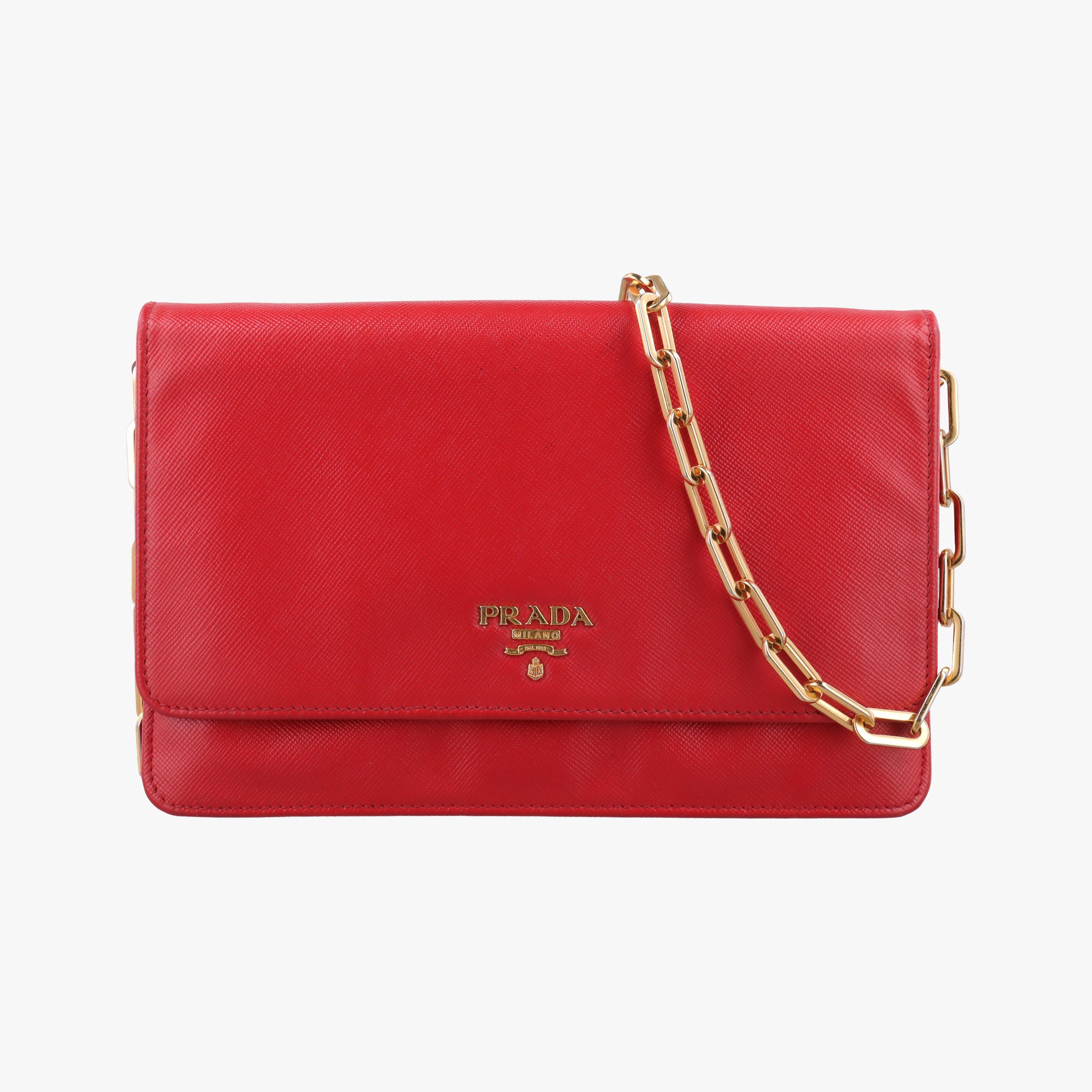 Metal Wallet on Chain Cornflower Clutch Red Saffiano Leather 1MT290 107メタル ウォレット オン チェーン コーンフラワー クラッチ レッド サフィアーノレザー 1MT290 107