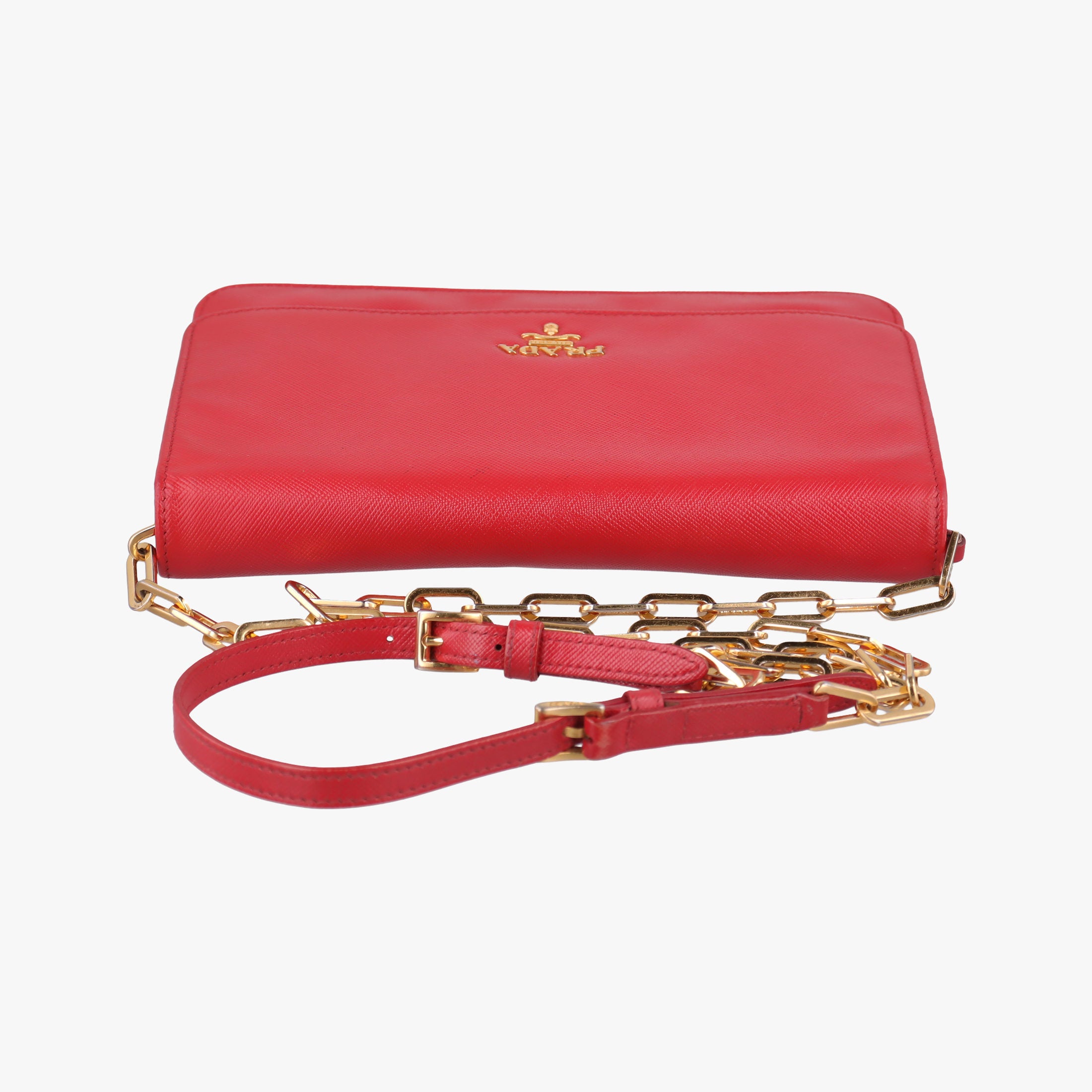 Metal Wallet on Chain Cornflower Clutch Red Saffiano Leather 1MT290 107メタル ウォレット オン チェーン コーンフラワー クラッチ レッド サフィアーノレザー 1MT290 107