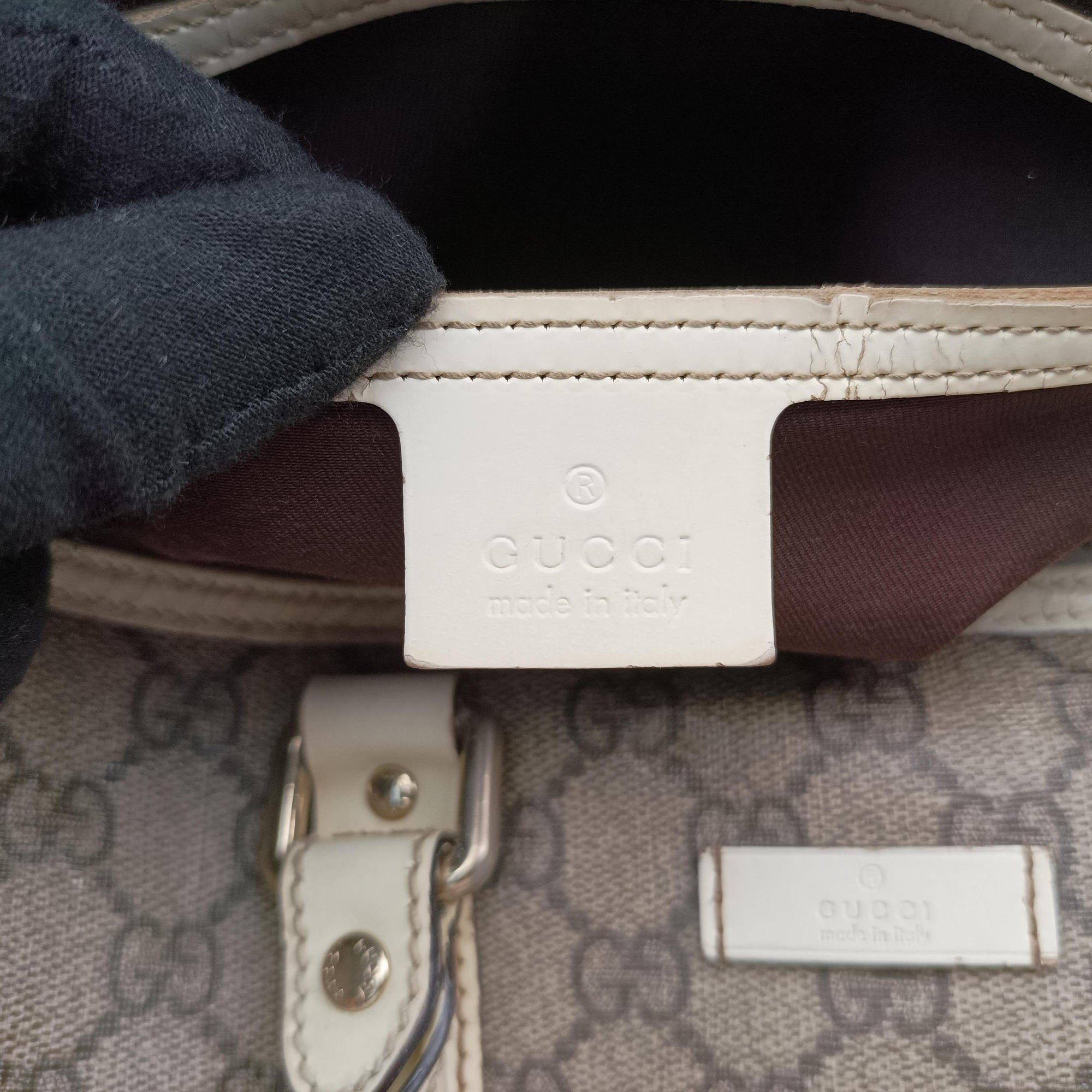GG plus Spring Joy GG Supreme BEIGE×WHITE PVC coated canvas×leather 193603 A6915278GGプラス ジョイ GGスプリーム ベージュ×ホワイト PVCコーティングキャンバス×レザー 193603 A6915278