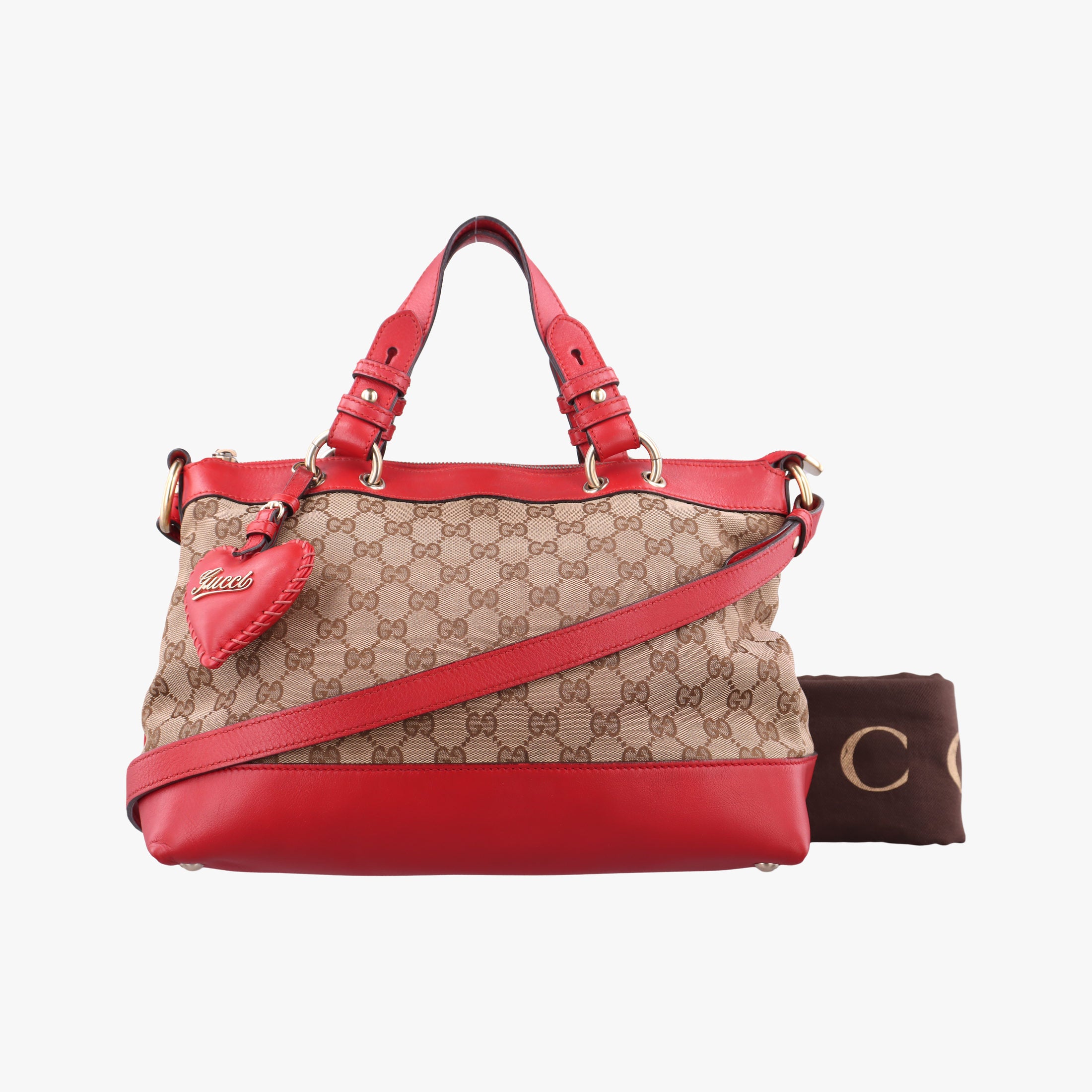 Valentine heart charm beige×red Canvas×Leather 309122 G013679720バレンタイン ハートチャーム ベージュ×レッド キャンバス×レザー 309122 G013679720