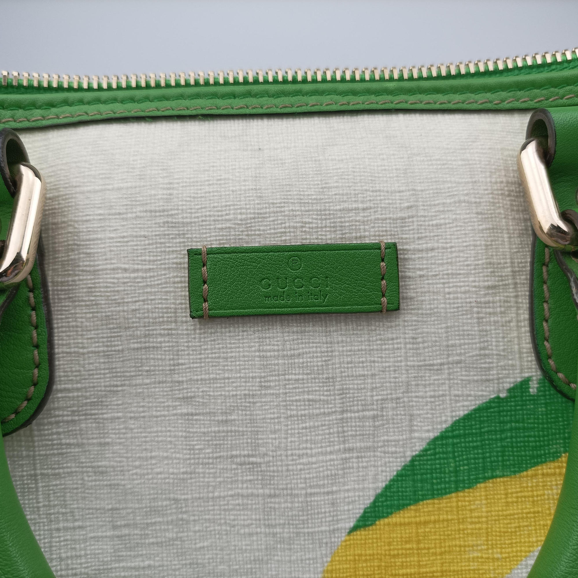 GG Flag Joy Boston White × Green × Yellow × Blue PVC Coated Canvas × Leather 195451 G012583045GGフラッグ ジョイ ボストン ホワイト × グリーン × イエロー × ブルー PVCコーティングキャンバス × レザー 195451 G012583045