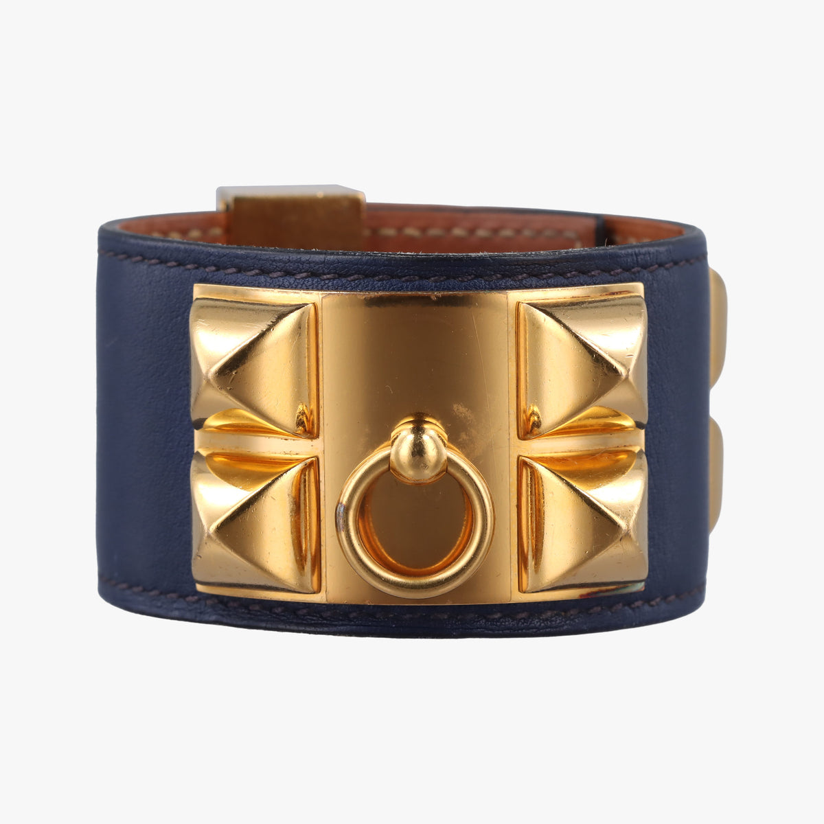 Pre-owned Hermes Collier de Chien Blue×golden Leather × GP bangle/wristband | stylenewstar