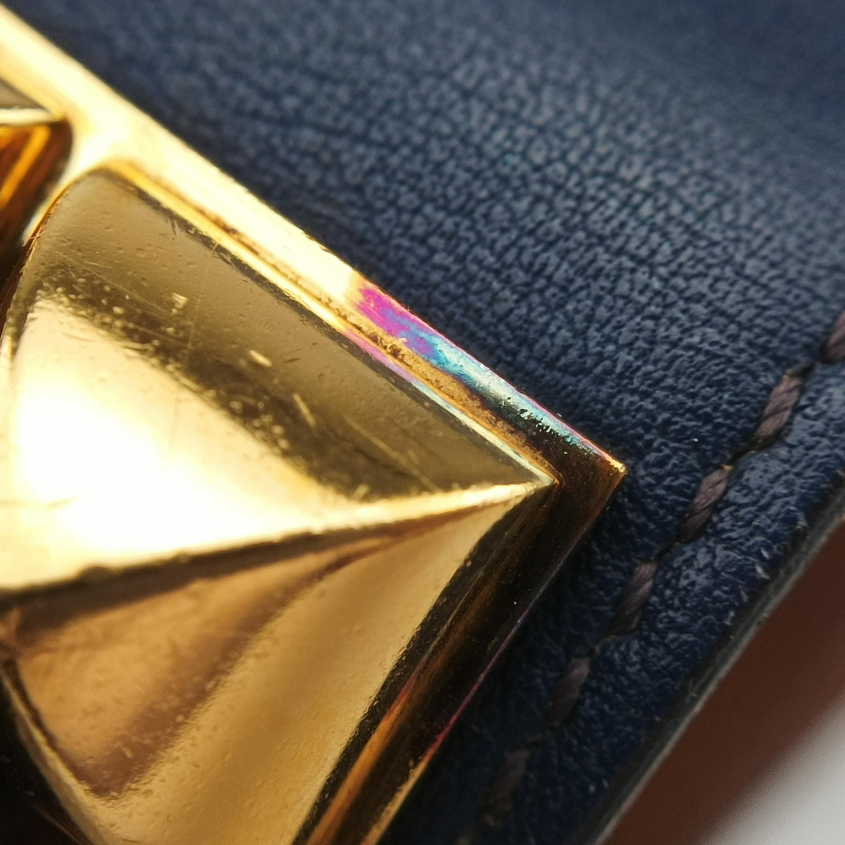 Pre-owned Hermes Collier de Chien Blue×golden Leather × GP bangle/wristband | stylenewstar