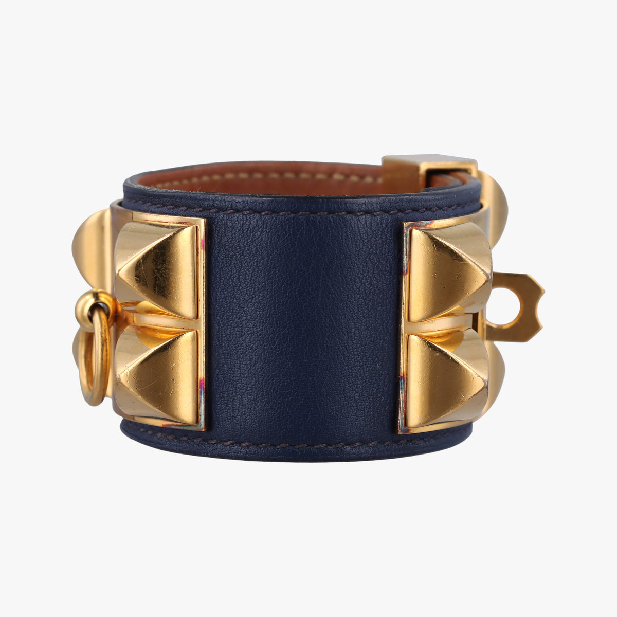 Pre-owned Hermes Collier de Chien Blue×golden Leather × GP bangle/wristband | stylenewstar
