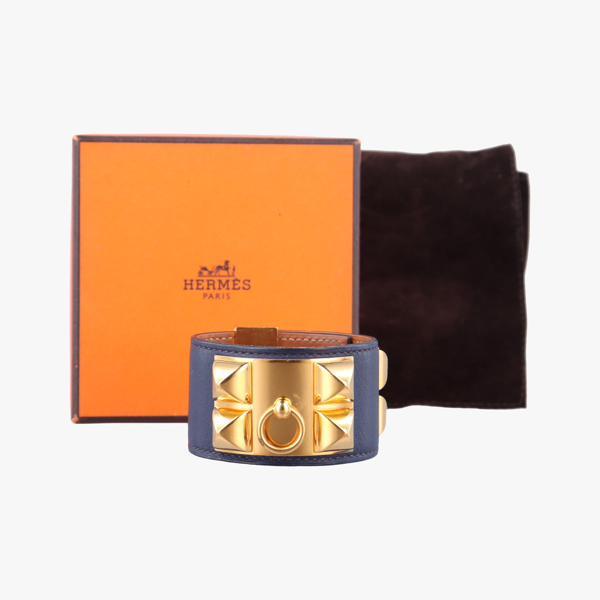 Pre-owned Hermes Collier de Chien Blue×golden Leather × GP bangle/wristband | stylenewstar