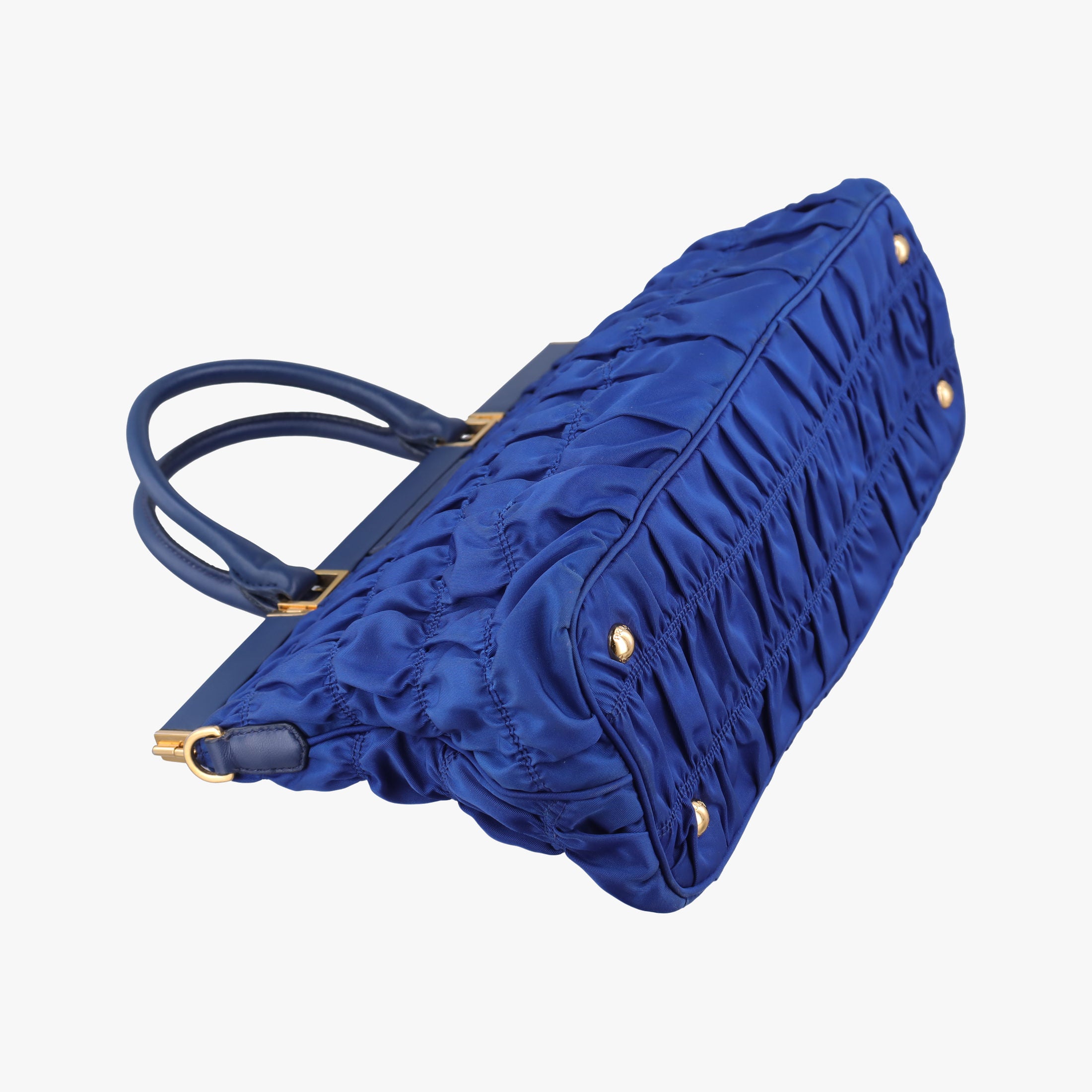 gathered bag Blue Nylon x leather 117ギャザーバッグ ブルー ナイロン×レザー 117