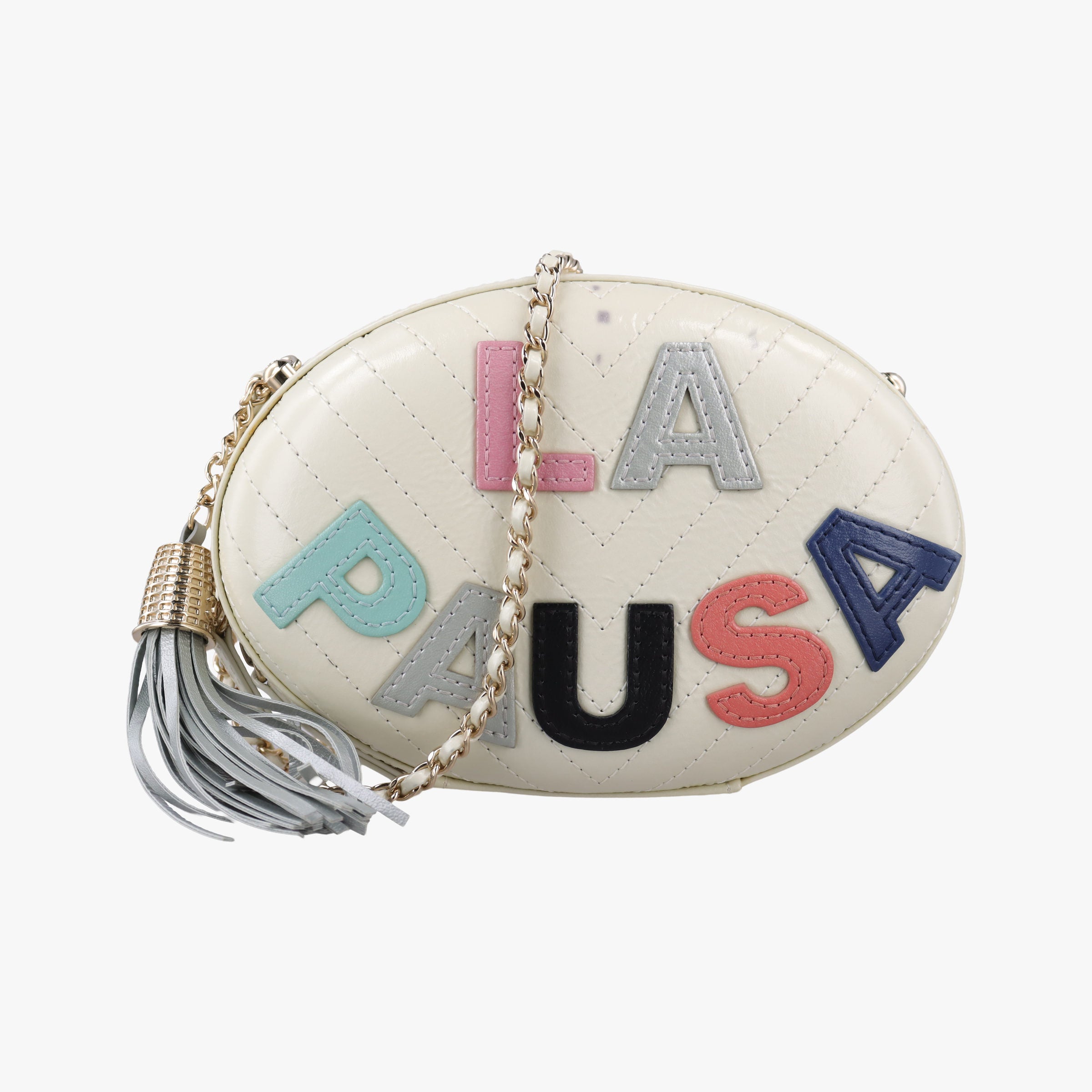 LA PAUSA Shiny Chevron Oval Tassel White Leather AS0204 26943915ラパウザ Vステッチ フリンジ ホワイト レザー AS0204 26943915