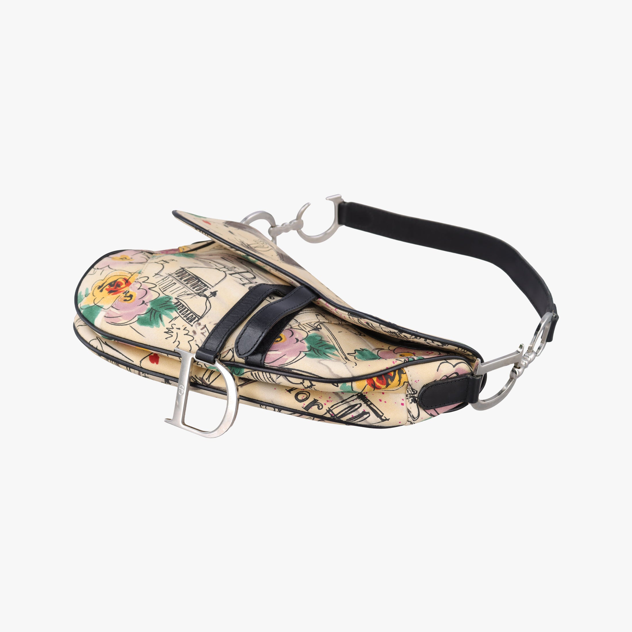 Paris '50s Motif Print Saddle Bag Beige × Multicolor Canvas × Leather 06-RU-003550's パリ モチーフ プリント サドルバッグ ベージュ×マルチカラー キャンバス × レザー 06-RU-0035
