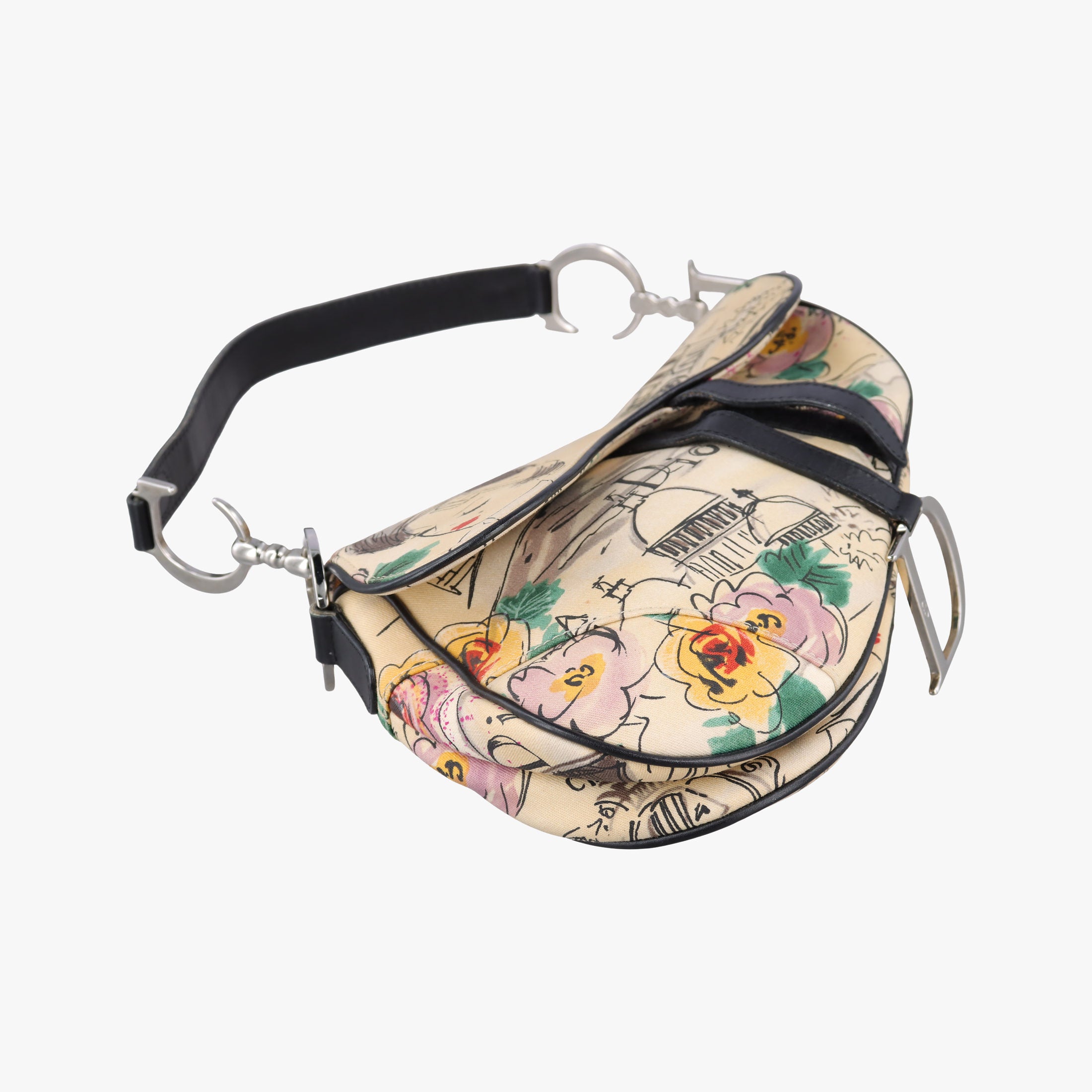 Paris '50s Motif Print Saddle Bag Beige × Multicolor Canvas × Leather 06-RU-003550's パリ モチーフ プリント サドルバッグ ベージュ×マルチカラー キャンバス × レザー 06-RU-0035