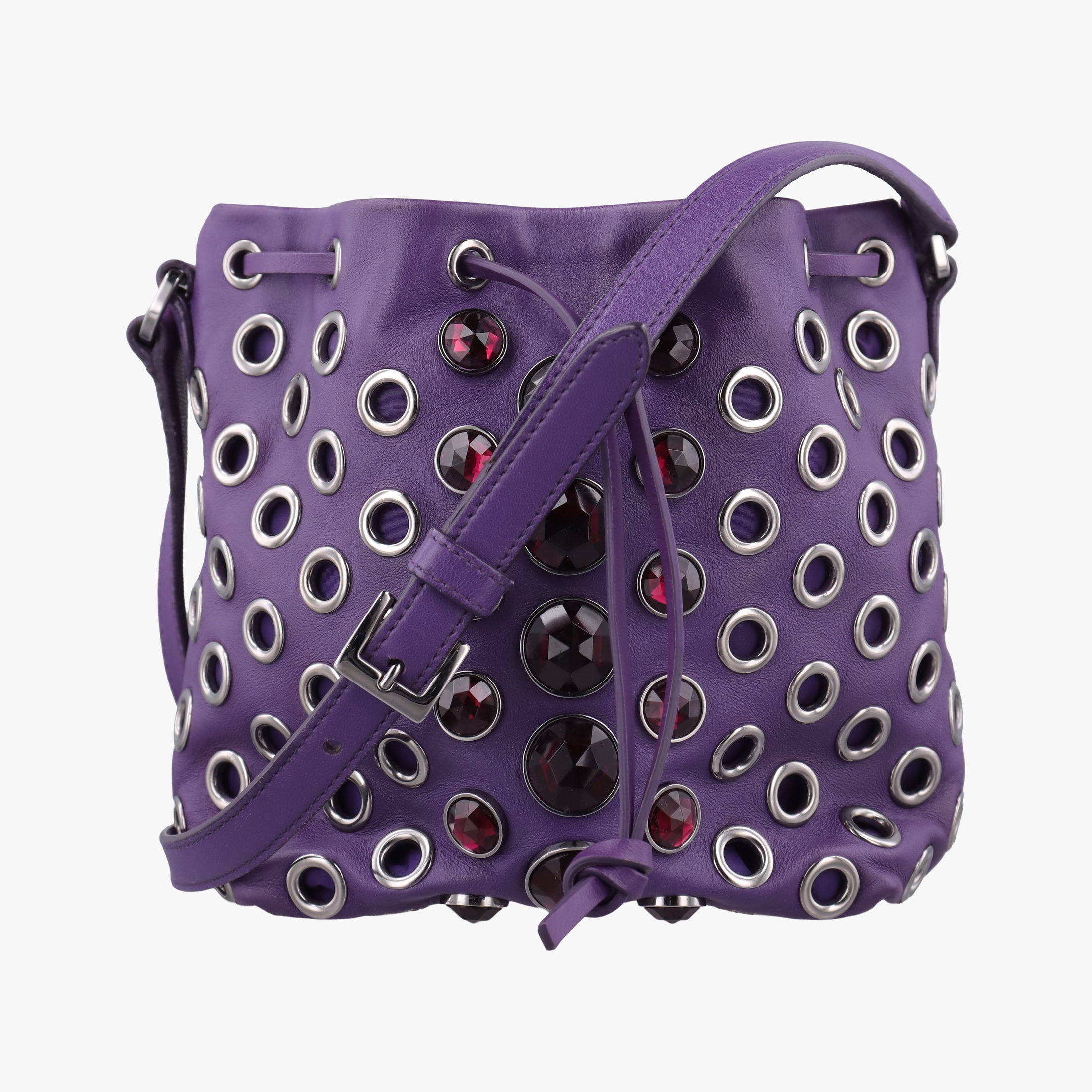 Grommet Mini Jewel Embellished Drawstring Bucket Purple lambskin 197/Bグロメットミニ ジュエルエンベリッシュド ドローストリング バケット パープル ラムスキン 197/B