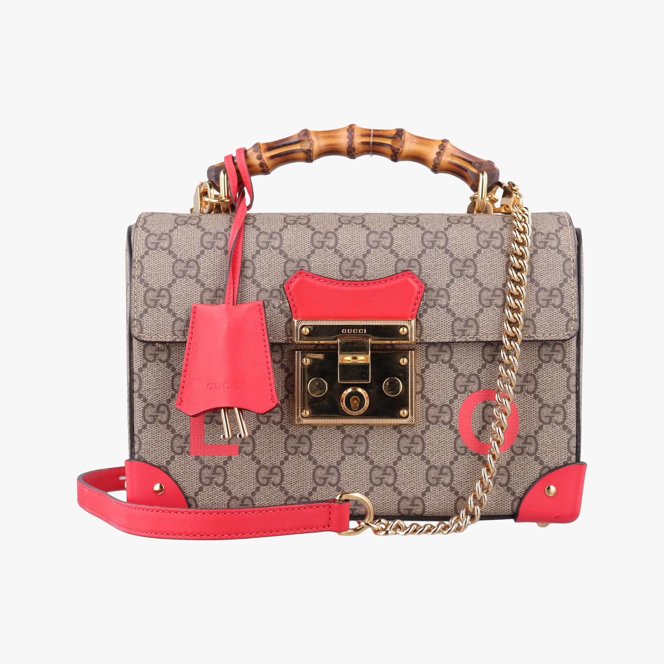 GG flora Padlock Bamboo Brown × Red PVC coated canvas×leather 603221 I037029936GGアップル パドロック バンブー ブラウン × レッド PVCコーティングキャンバス×レザー 603221 I037029936