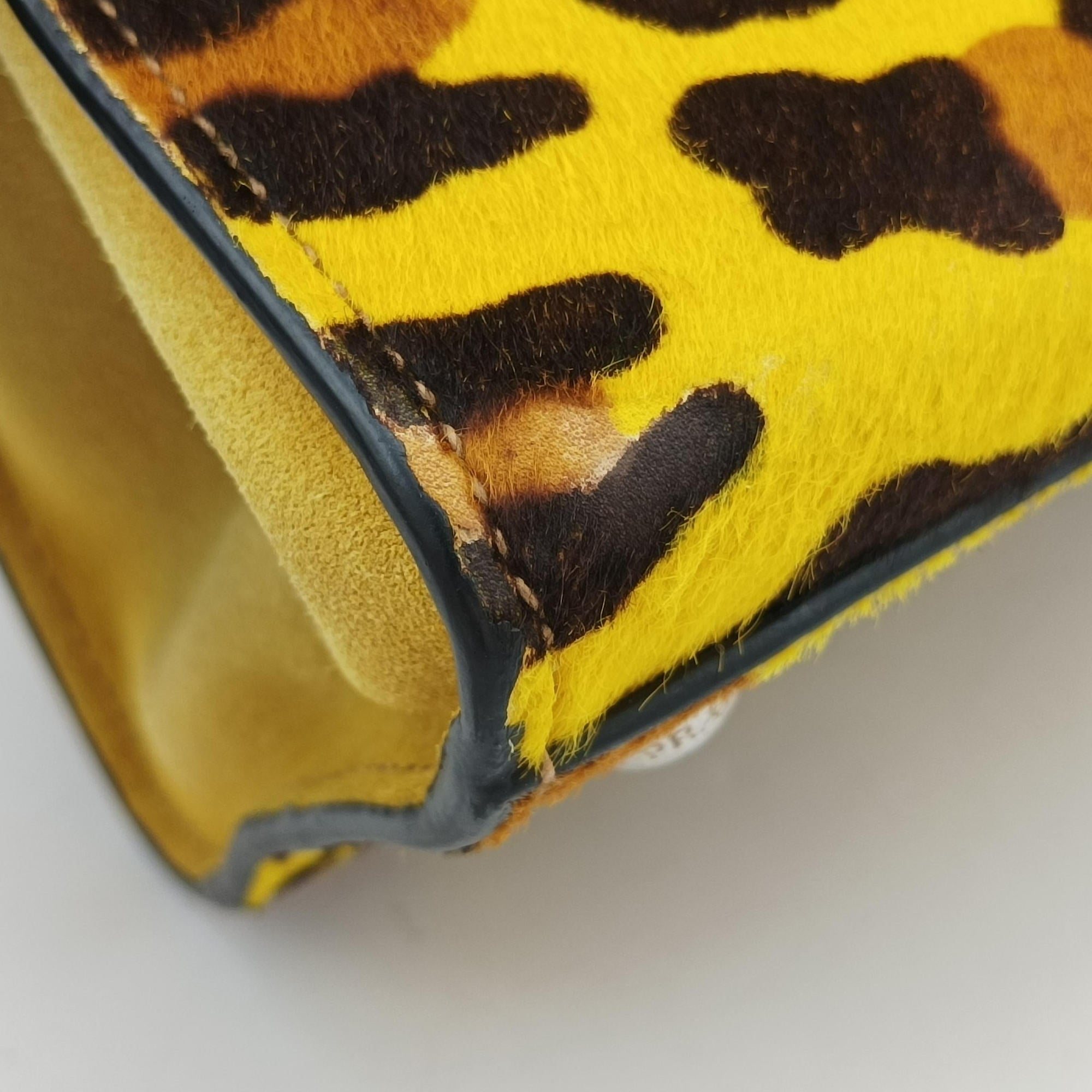 Pre-owned Prada Leopard Pattern Cavallino yellow×Multicolour suede×Leather×ponyhair 1BA025 handbag | stylenewstar