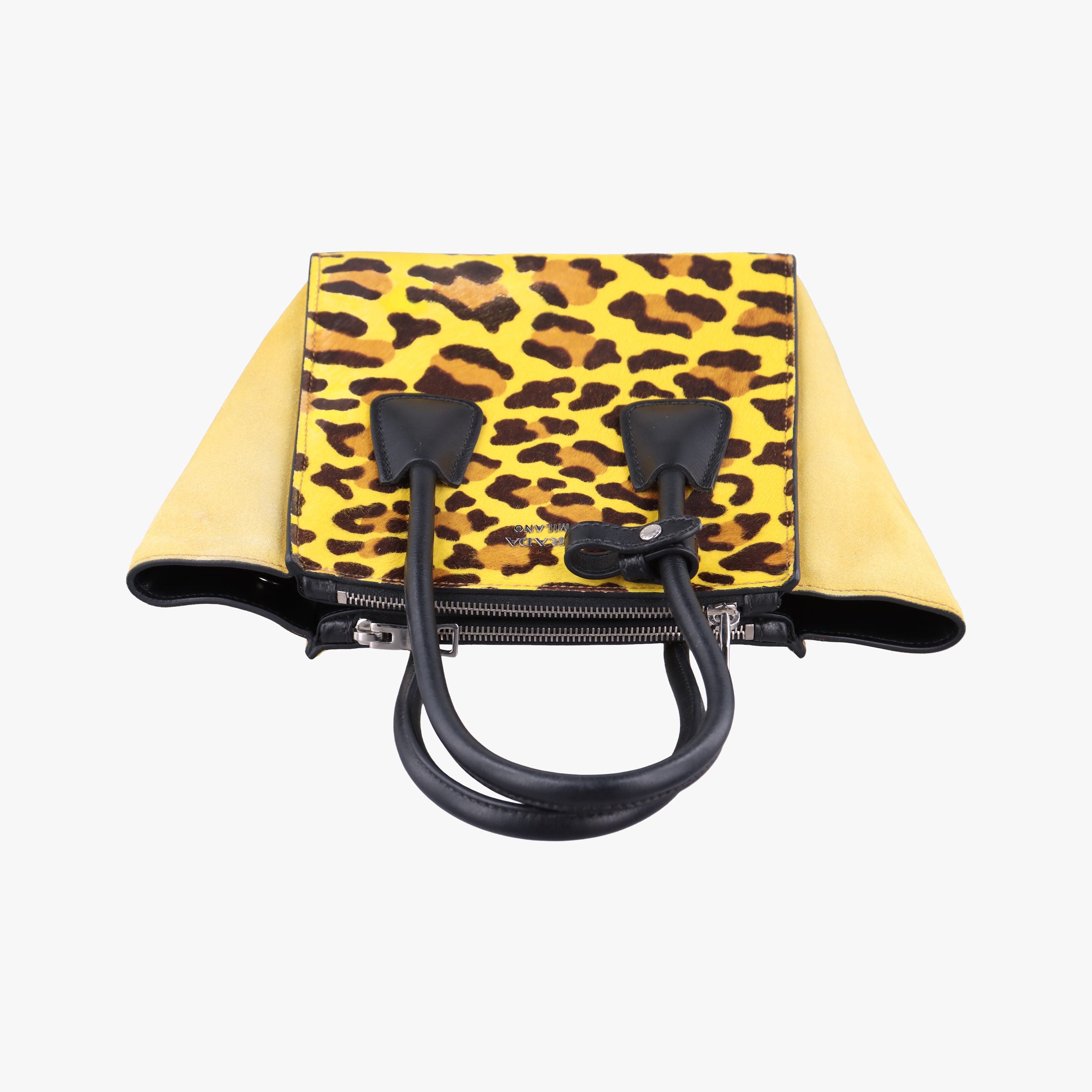 Pre-owned Prada Leopard Pattern Cavallino yellow×Multicolour suede×Leather×ponyhair 1BA025 handbag | stylenewstar