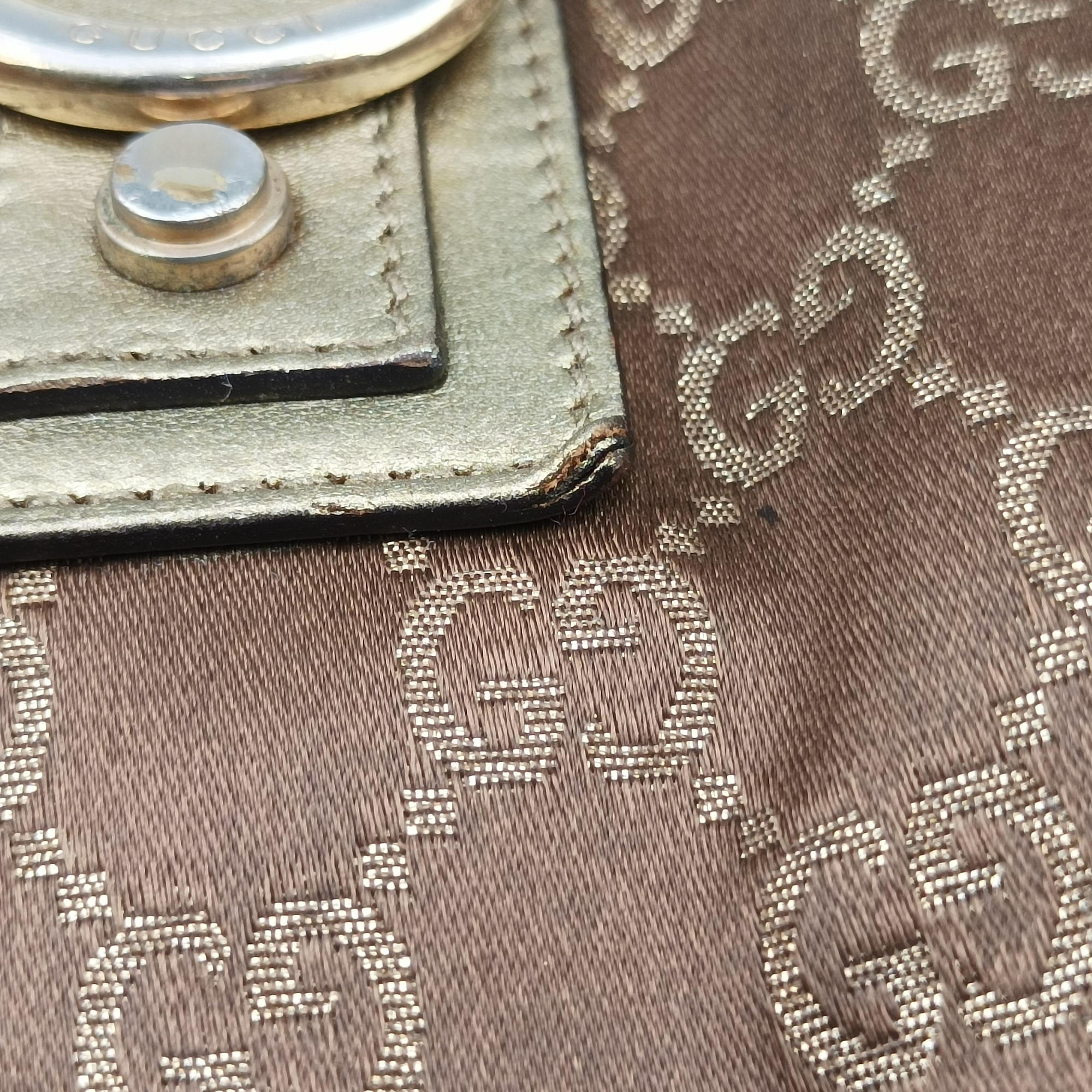 Pre-owned Gucci Abbey line Brown × Gold Leather×canvas 141472 shoulderbag | stylenewstar