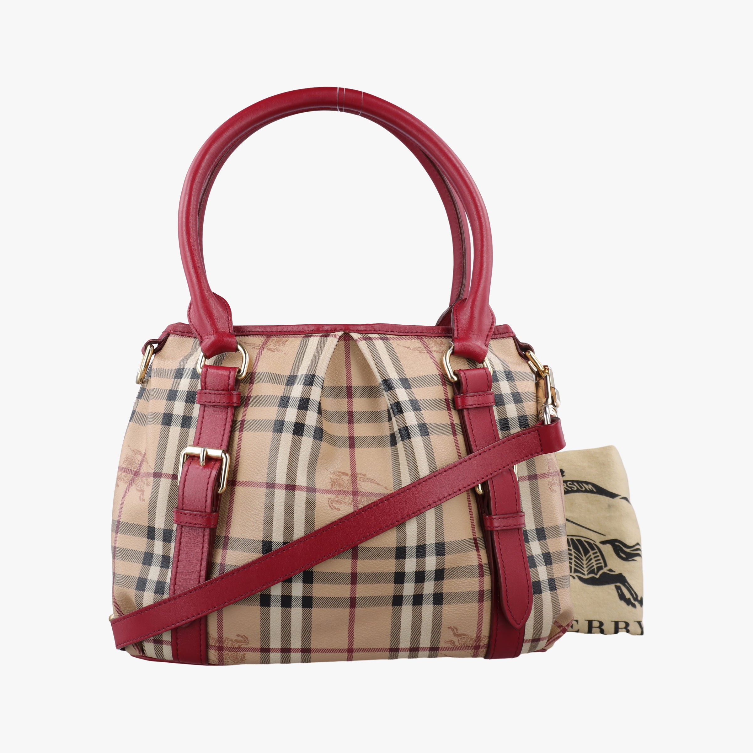 Haymarket Check Beige × Military Red Coated Canvas × Leather 3857260/64Mヘイマーケットチェック ベージュ × レッド コーティングキャンバス × レザー 2wayショルダーバッグ 3857260/64M