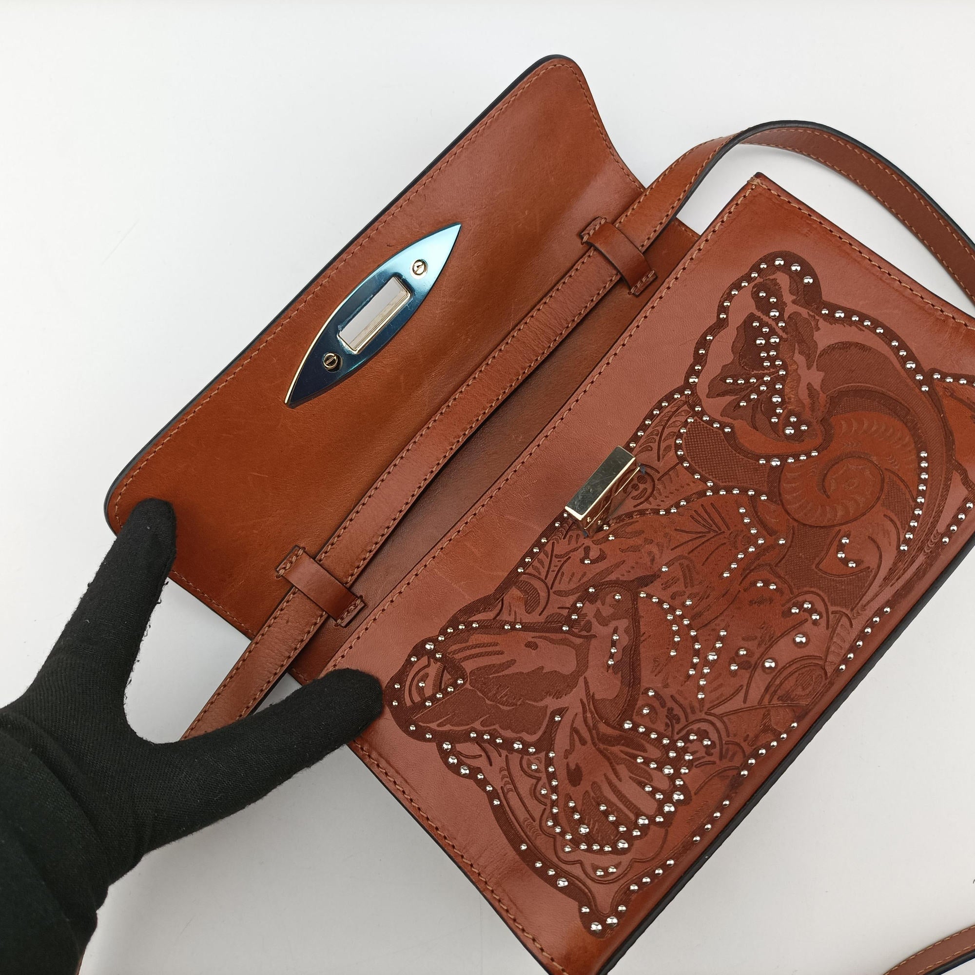 Studded Turn-Lock Brown Leather スタッズ ターンロック ブラウン レザー