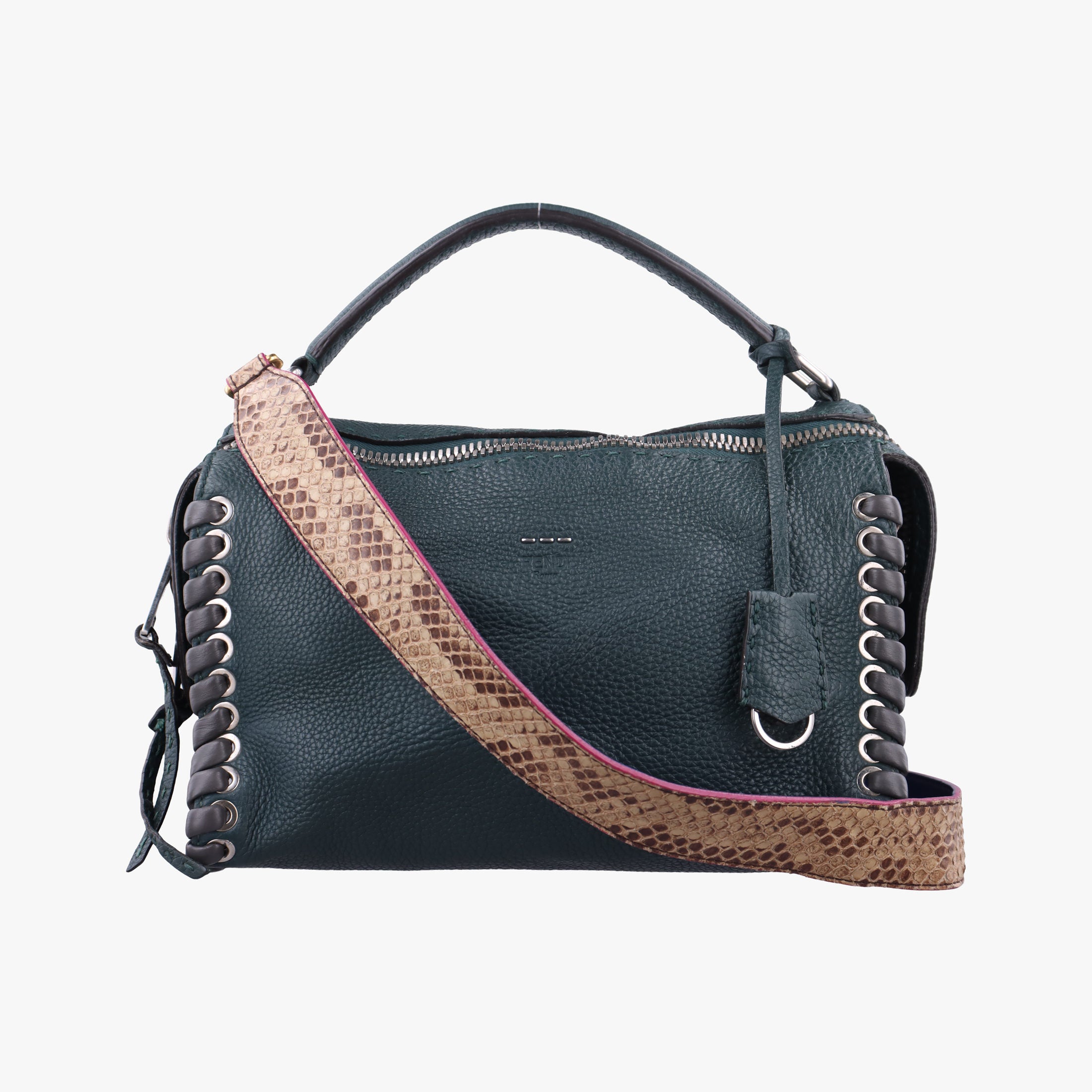 Pre-owned Fendi Selleria Lei Whipstitch Green Leather× Python shoulderbag | stylenewstar