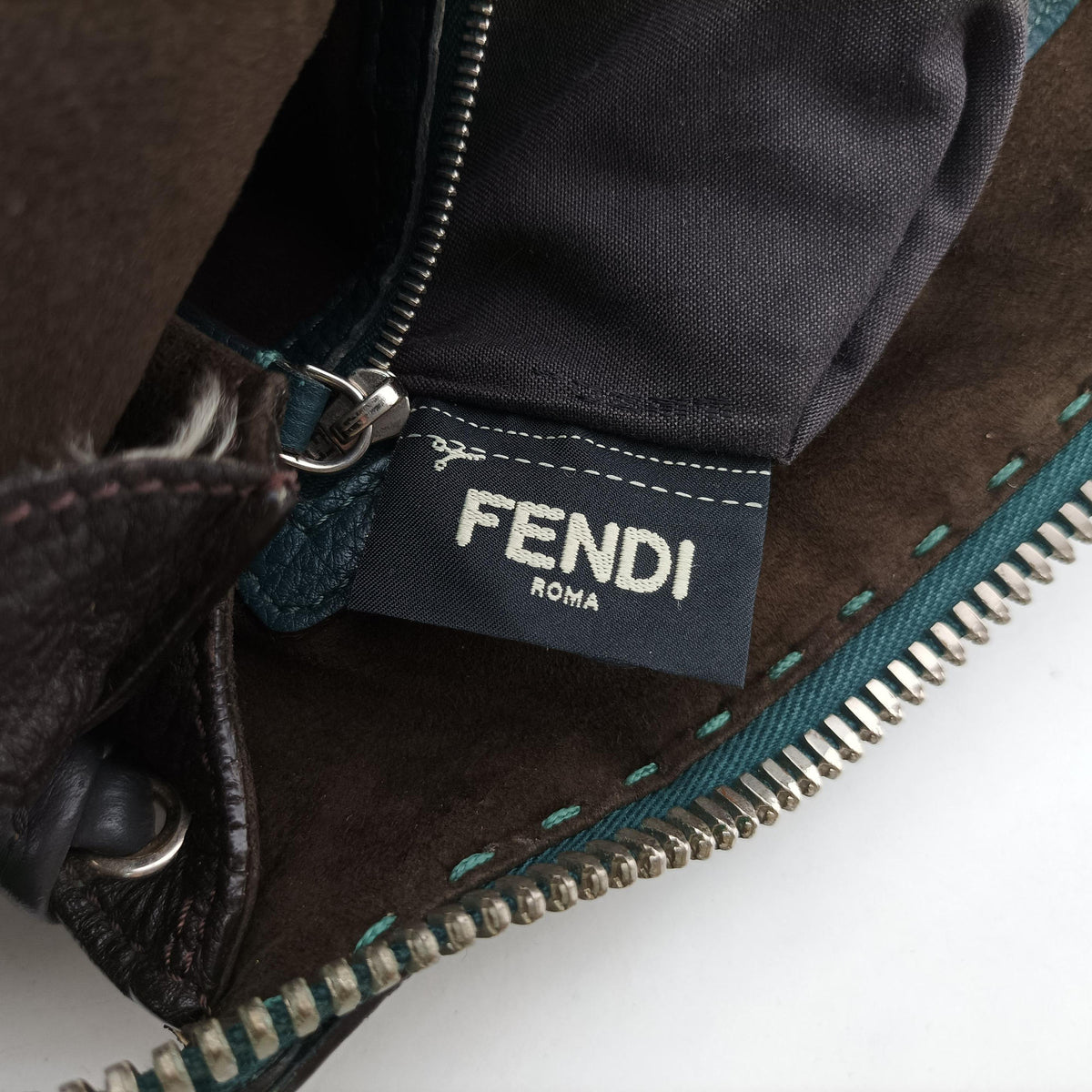 Pre-owned Fendi Selleria Lei Whipstitch Green Leather× Python shoulderbag | stylenewstar
