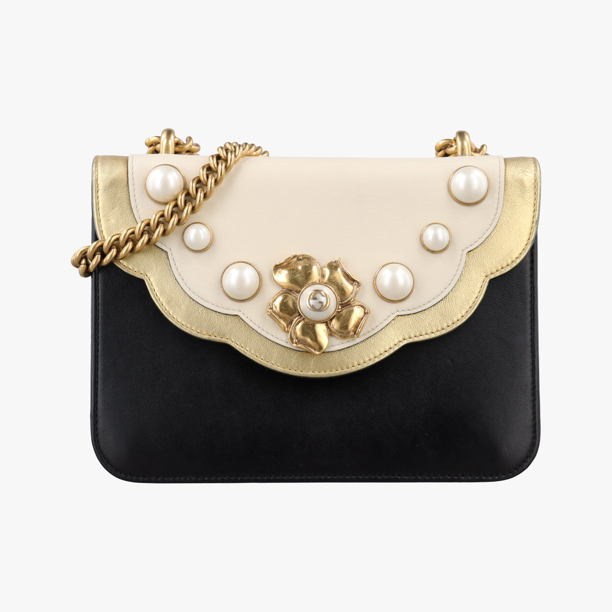 Pearly Peony Black×White×Gold Leather 432282 H020441213ピオニー ブラック×ホワイト×ゴールド レザー 432282 H020441213