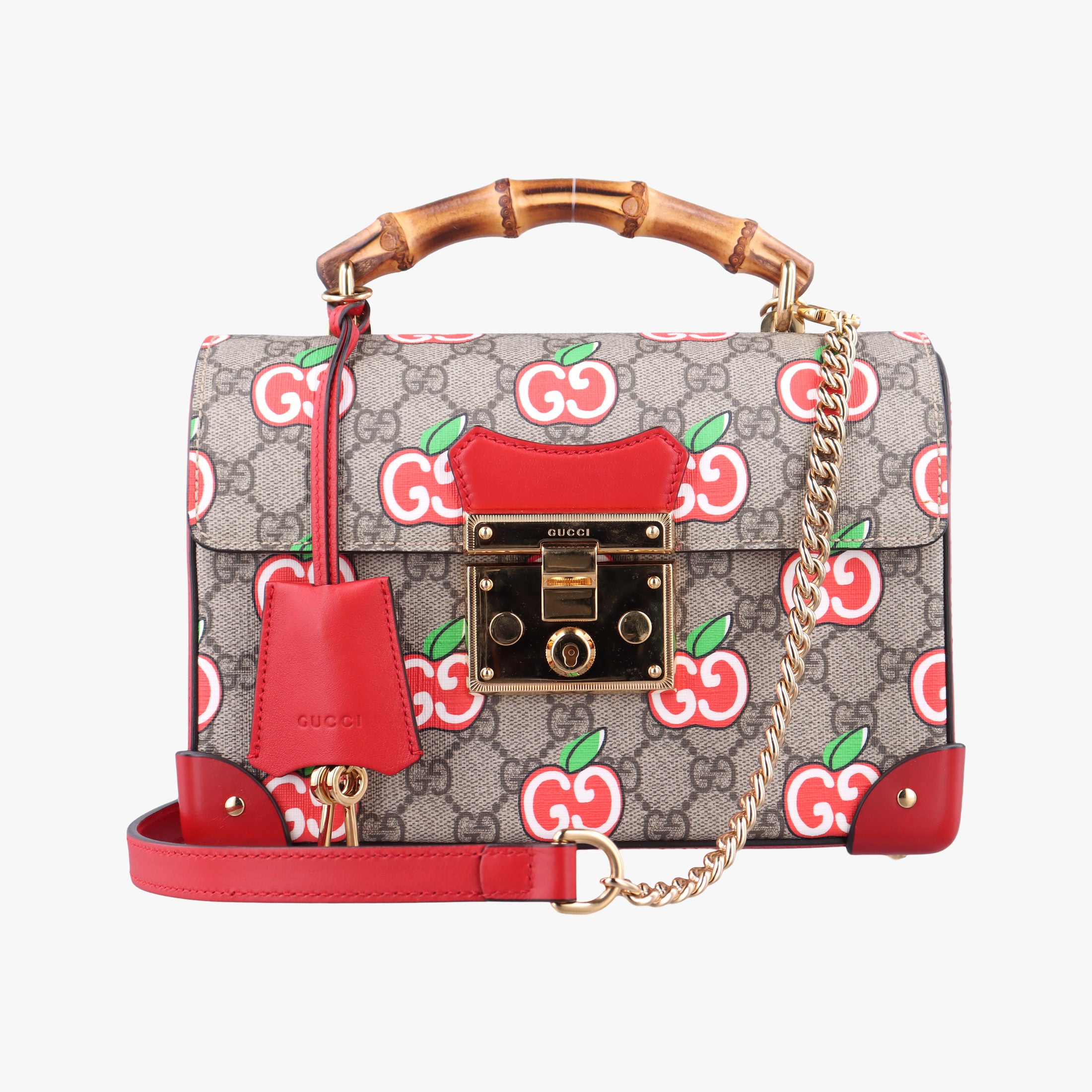 GG flora Padlock Bamboo beige×red×multi PVC coated canvas×Leather 603221 A033033500GGアップル パドロック バンブー ベージュ×レッド×マルチ PVCコーティングキャンバス×レザー 603221 A033033500