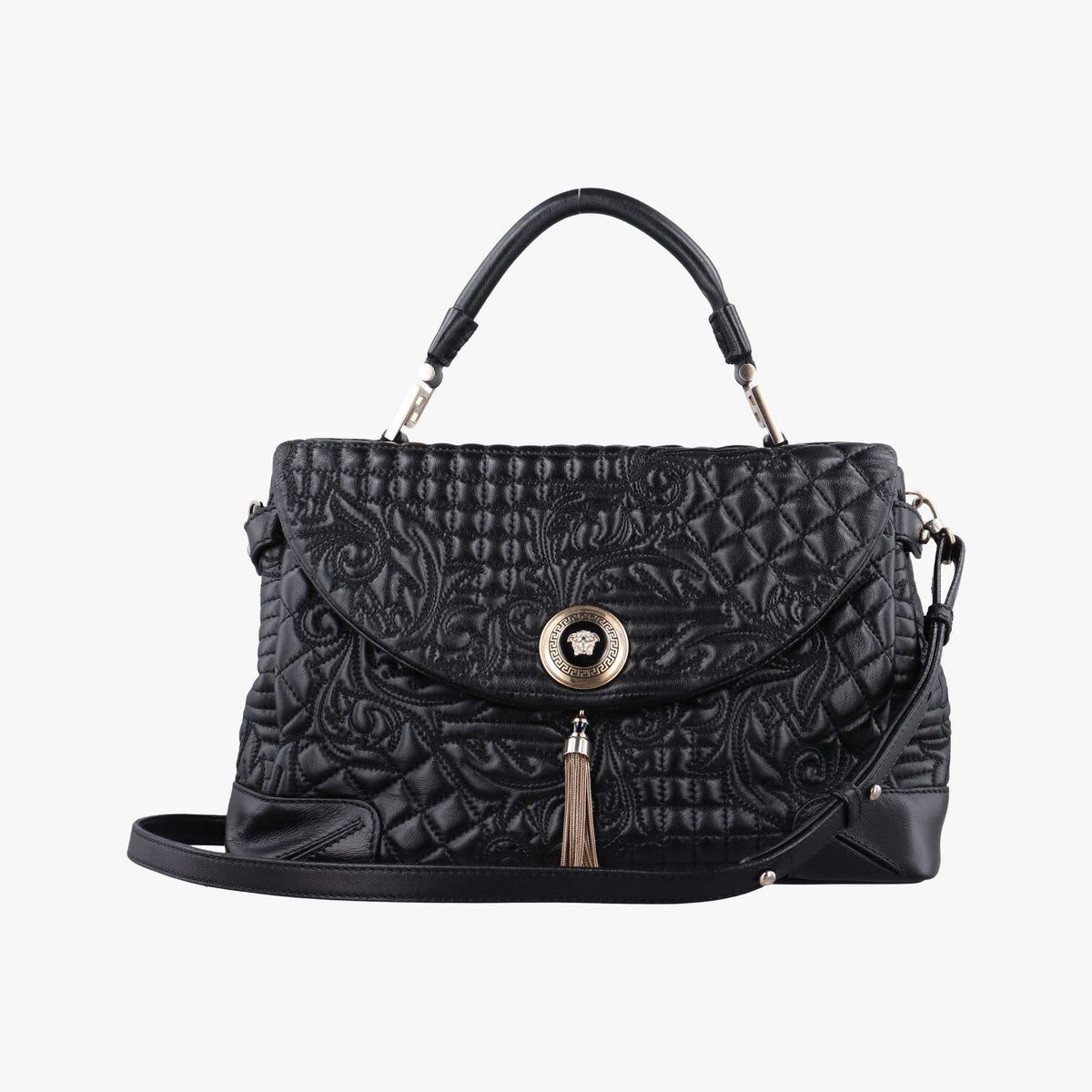 Secondhand VERSACE Embossed Leather Talia Vanitas Black Leather shoulderbag | stylenewstar
