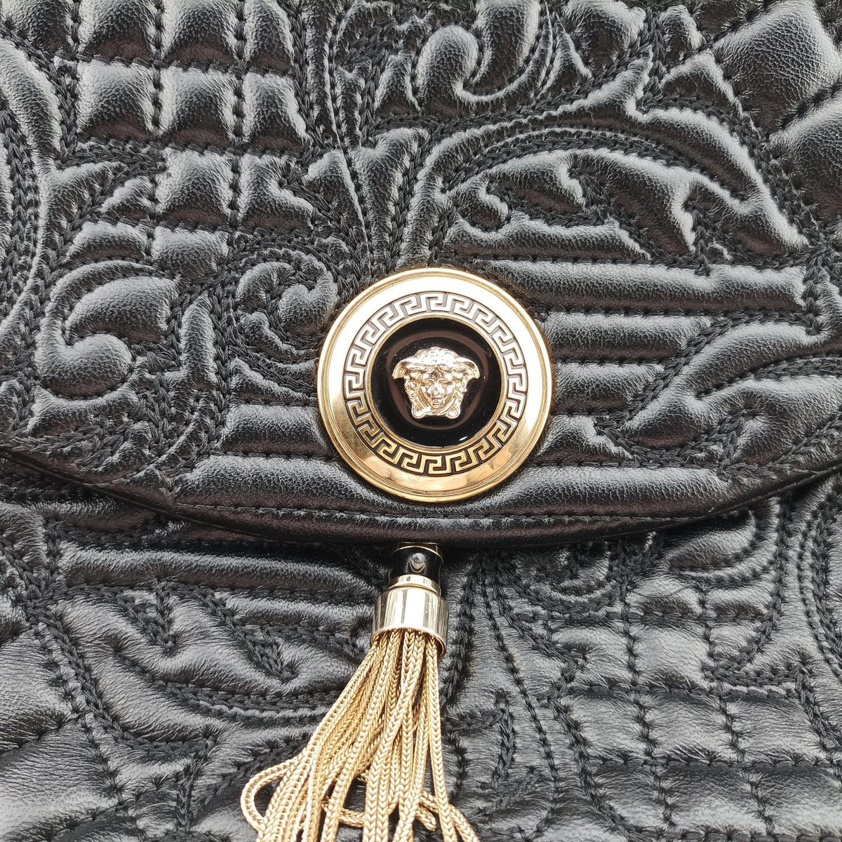 Secondhand VERSACE Embossed Leather Talia Vanitas Black Leather shoulderbag | stylenewstar