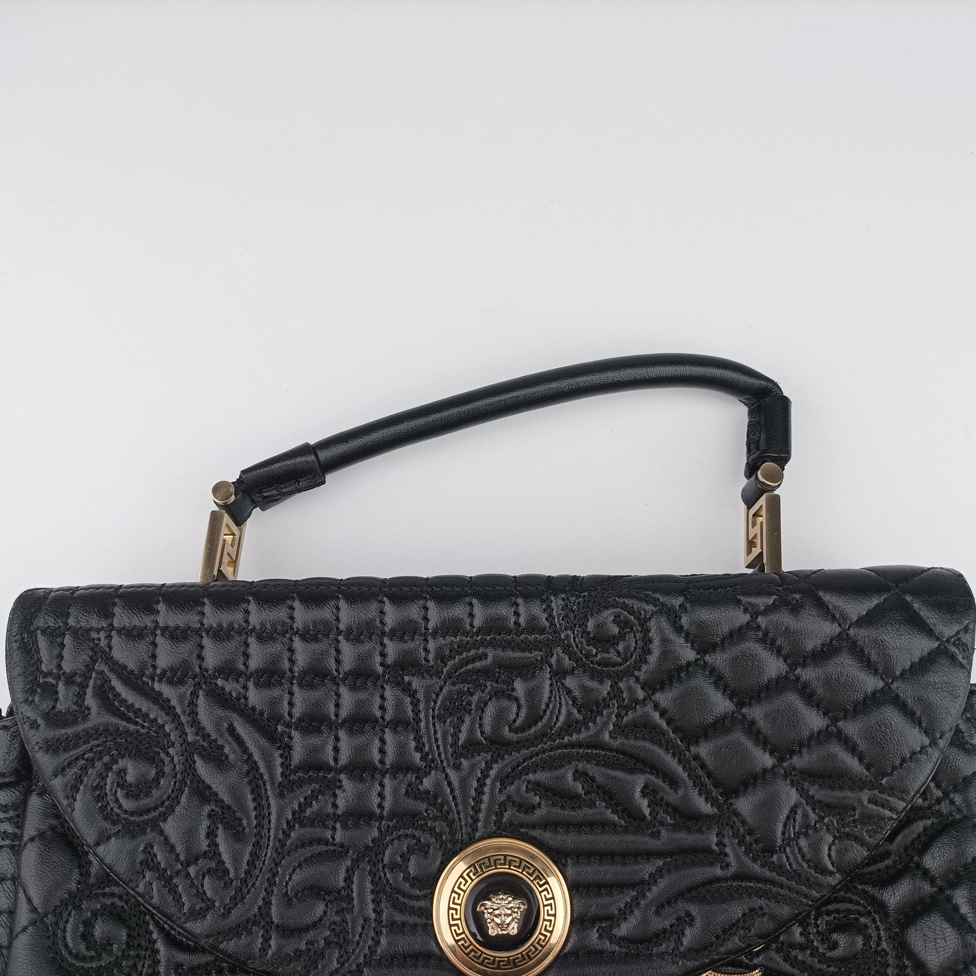 Secondhand VERSACE Embossed Leather Talia Vanitas Black Leather shoulderbag | stylenewstar