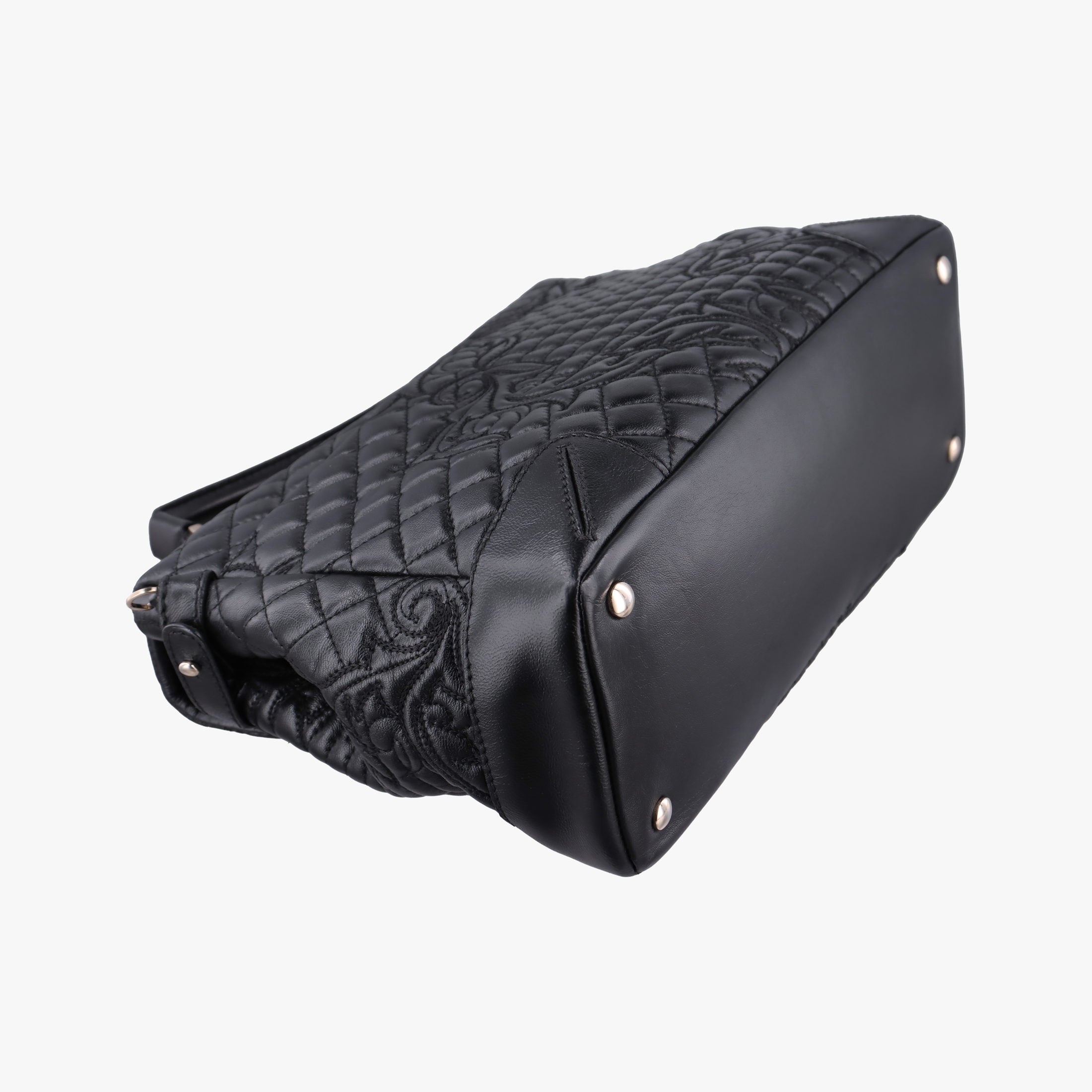 Secondhand VERSACE Embossed Leather Talia Vanitas Black Leather shoulderbag | stylenewstar