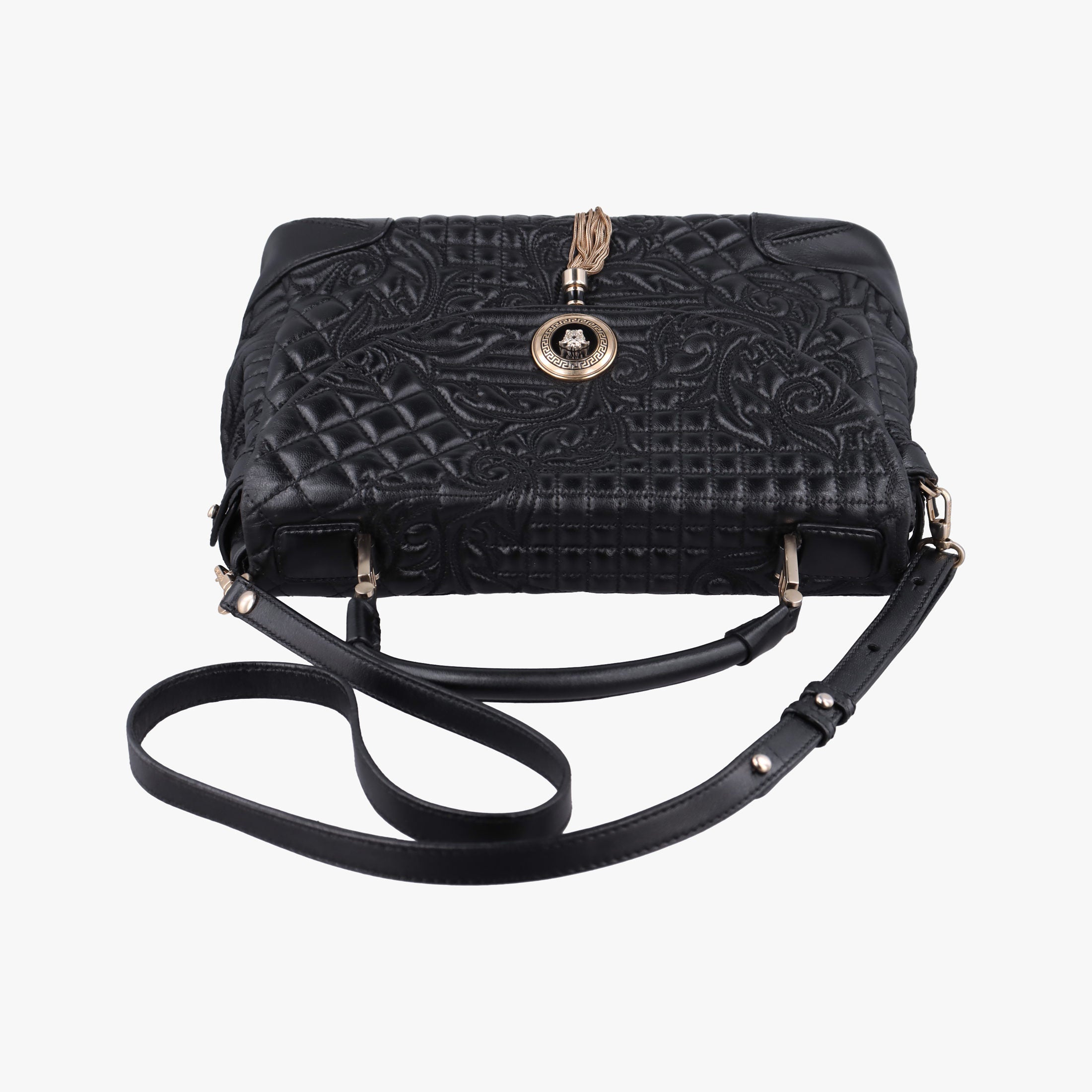 Secondhand VERSACE Embossed Leather Talia Vanitas Black Leather shoulderbag | stylenewstar