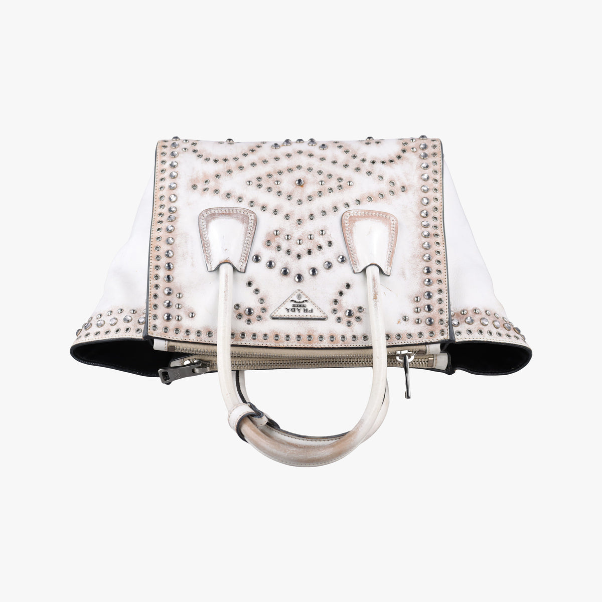 Pre-owned Prada Vitello Vintage Studded Sound White Leather shoulderbag | stylenewstar
