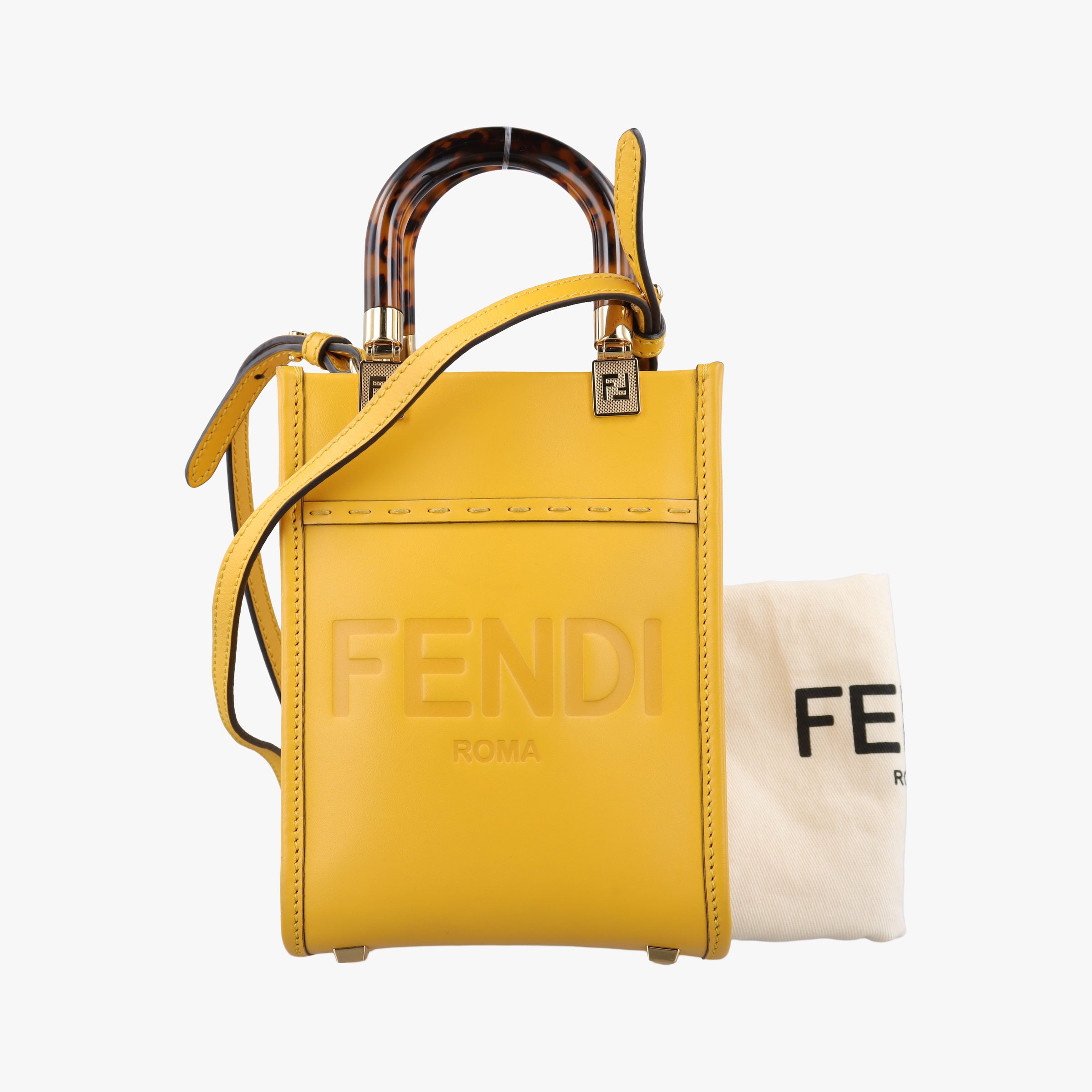 Pre-owned Fendi MINI SUNSHINE SHOPPER Yellow Leather 8BS051 shoulderbag | stylenewstar