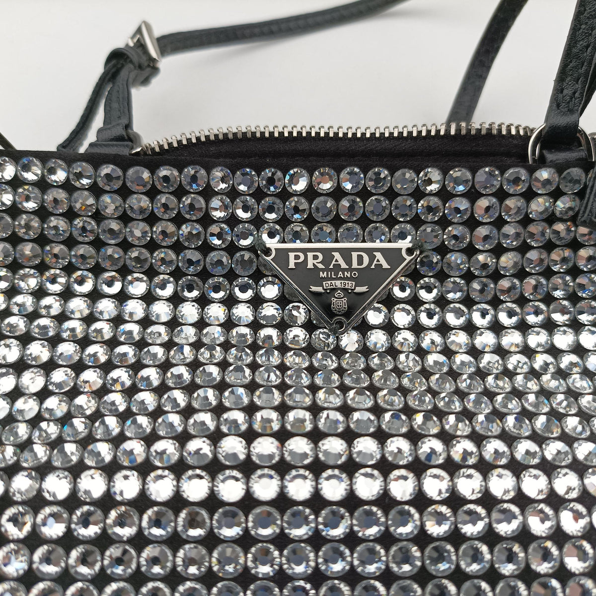 Pre-owned Prada Rosa Satin Crystal Mini Tote Silver Rhinestone 1BA253 shoulderbag | stylenewstar