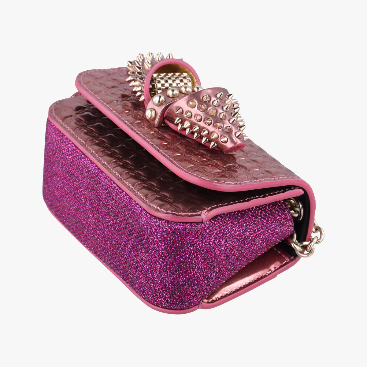 Pre-owned Christian Louboutin Sweet Charity Scarabe Spike Pink Patent shoulderbag | stylenewstar