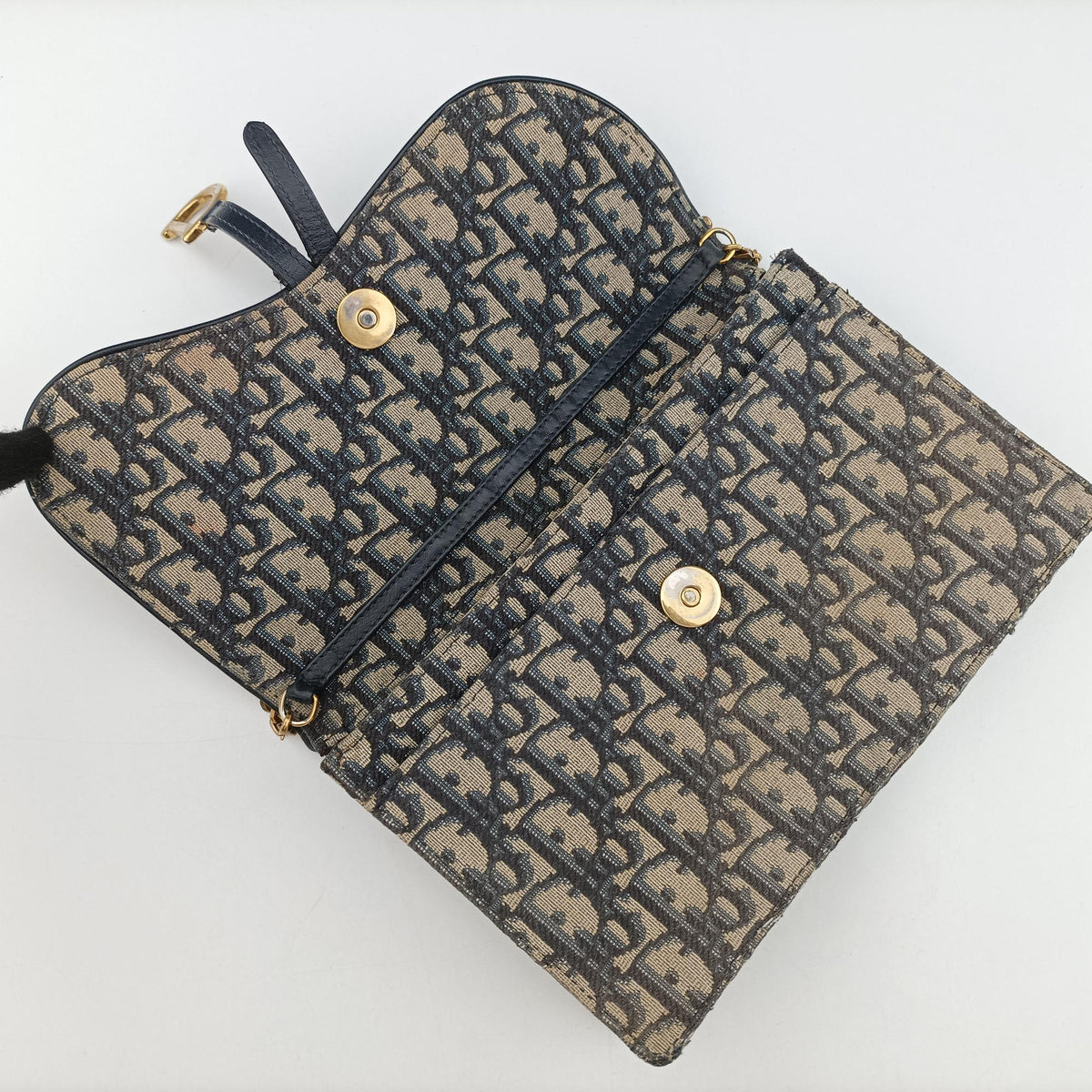 Pre-owned Christian Dior Saddle Navy×Gray jacquard×Leather shoulderbag | stylenewstar