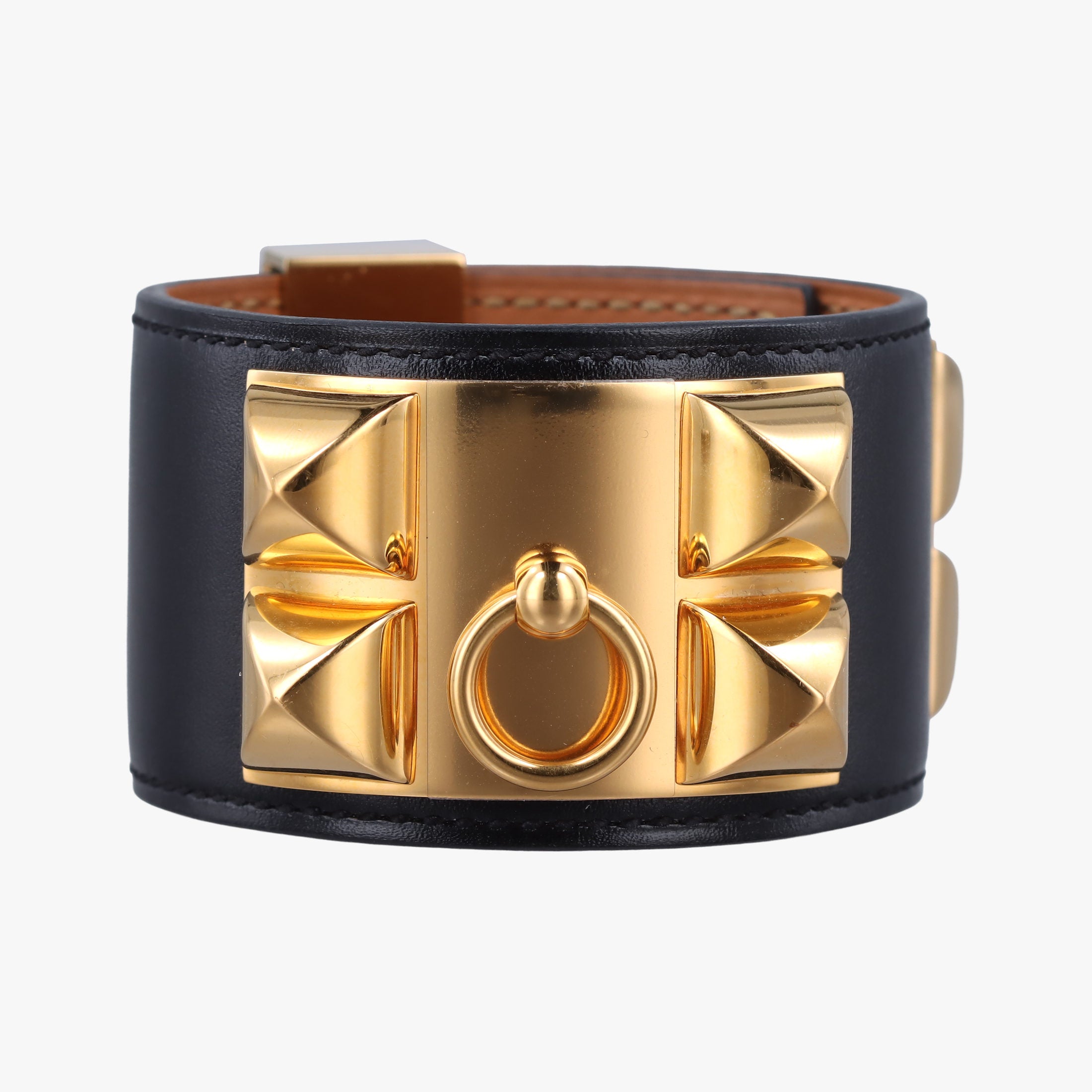 Pre-owned Hermes Collier de Chien Black×golden Leather × GP bangle/wristband | stylenewstar