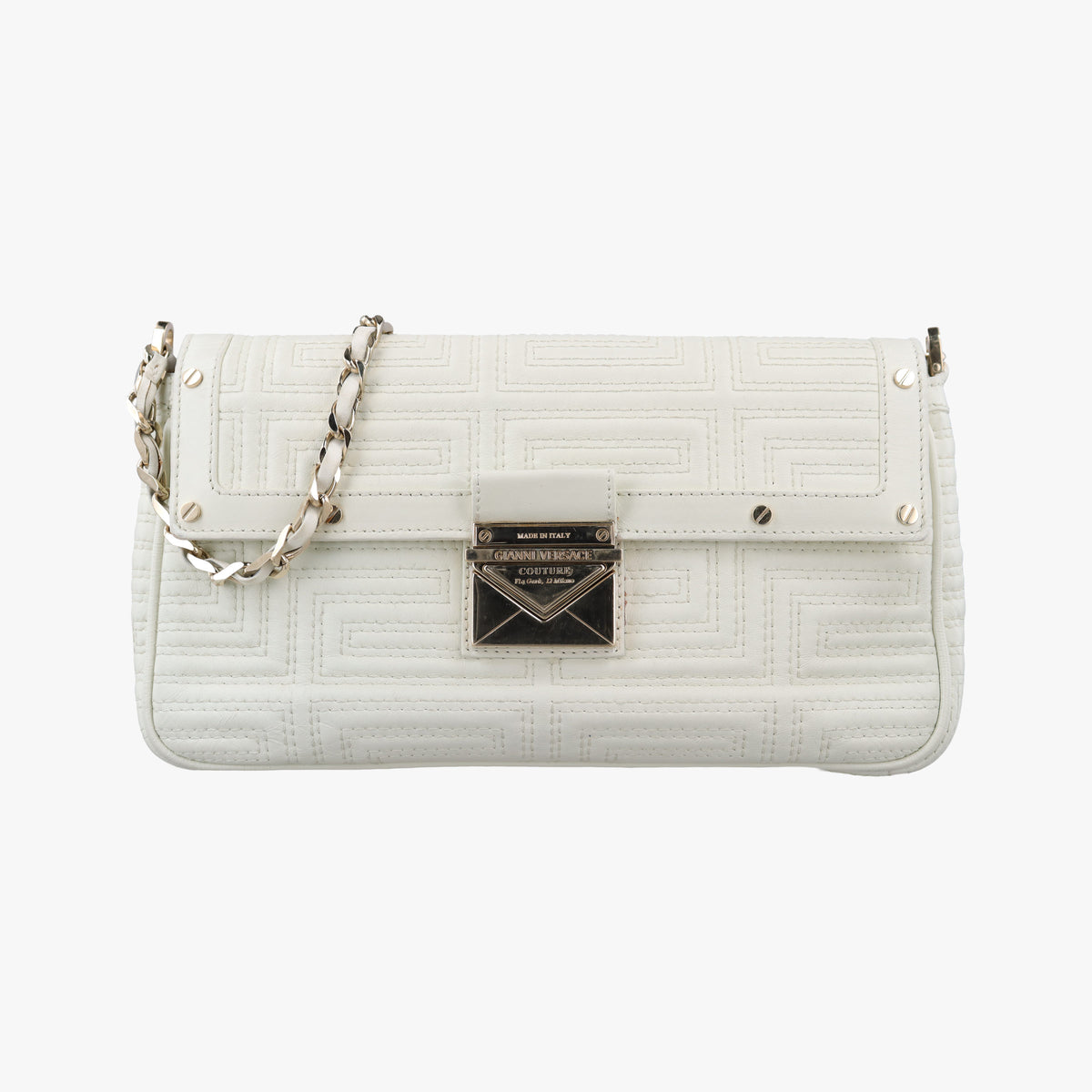 Pre-owned VERSACE Couture Greca pattern flap White Leather shoulderbag | stylenewstar