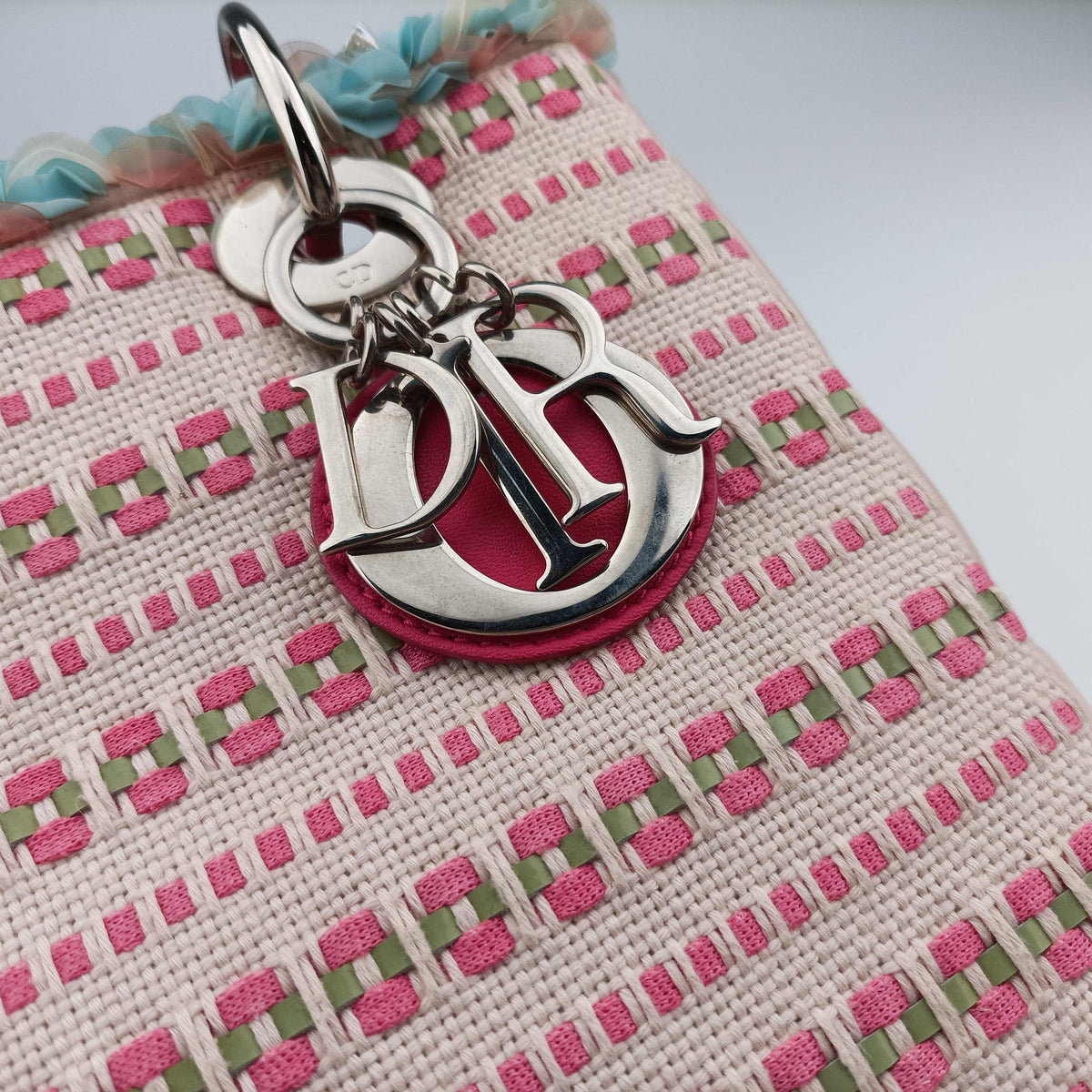 Medium Tweed Sequin Lady Dior Pink×Blue Canvas×Leather 02-MA-1123ミディアムツイード スパンコール レディ ディオール ピンク×ブルー キャンバス×レザー 02-MA-1123