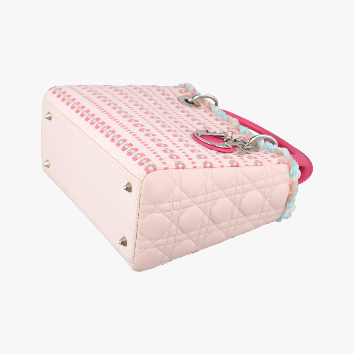 Medium Tweed Sequin Lady Dior Pink×Blue Canvas×Leather 02-MA-1123ミディアムツイード スパンコール レディ ディオール ピンク×ブルー キャンバス×レザー 02-MA-1123