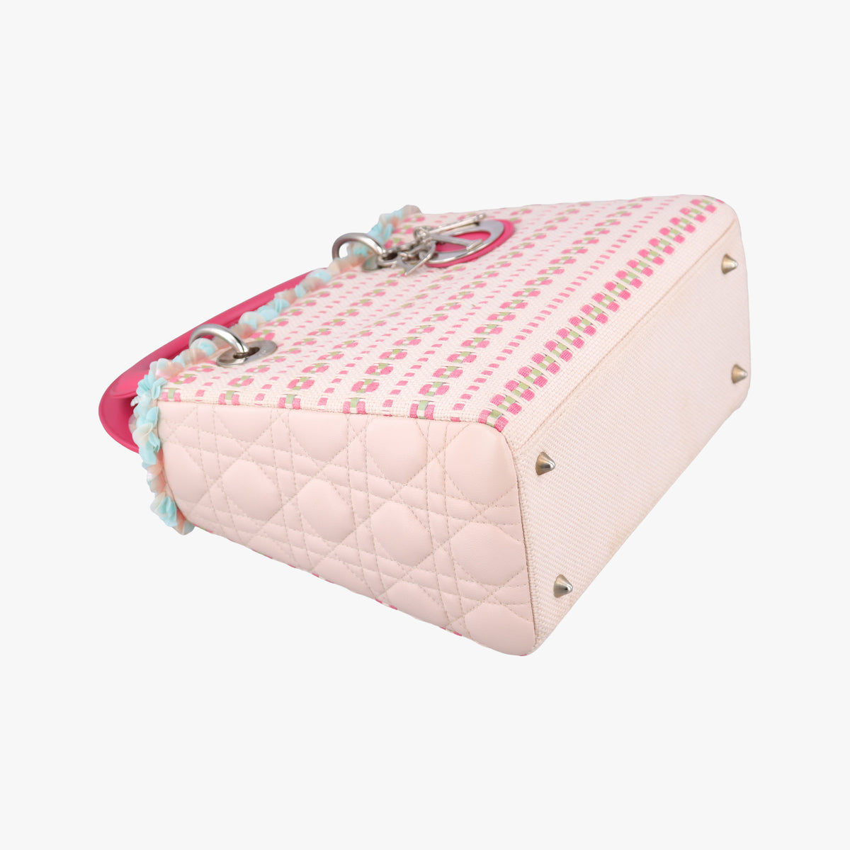 Medium Tweed Sequin Lady Dior Pink×Blue Canvas×Leather 02-MA-1123ミディアムツイード スパンコール レディ ディオール ピンク×ブルー キャンバス×レザー 02-MA-1123