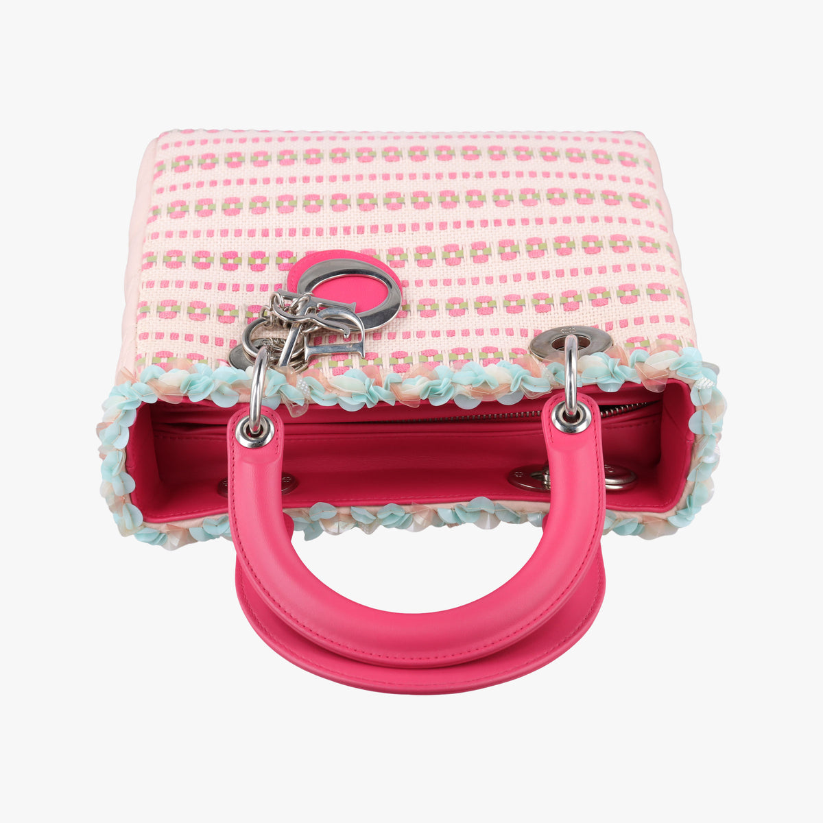 Medium Tweed Sequin Lady Dior Pink×Blue Canvas×Leather 02-MA-1123ミディアムツイード スパンコール レディ ディオール ピンク×ブルー キャンバス×レザー 02-MA-1123